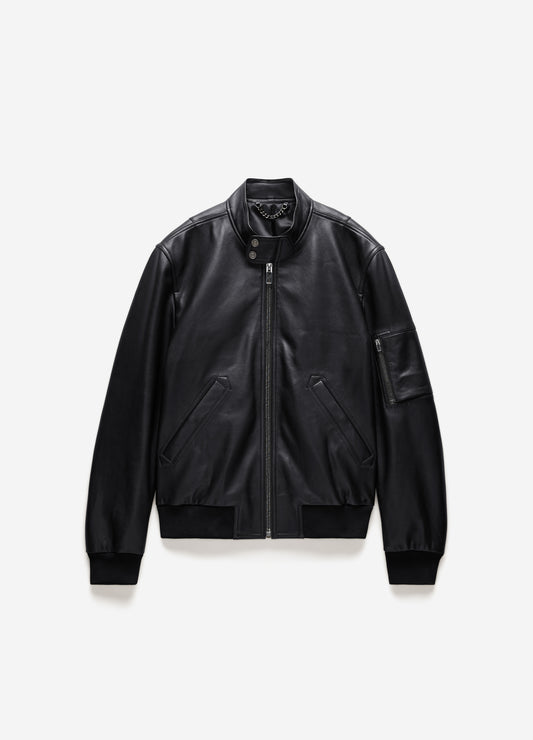 Stand Collar Leather Bomber Jacket Black