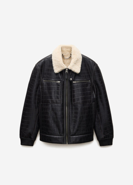 Croc Embossed Leather Shearling Jacket Chocolate