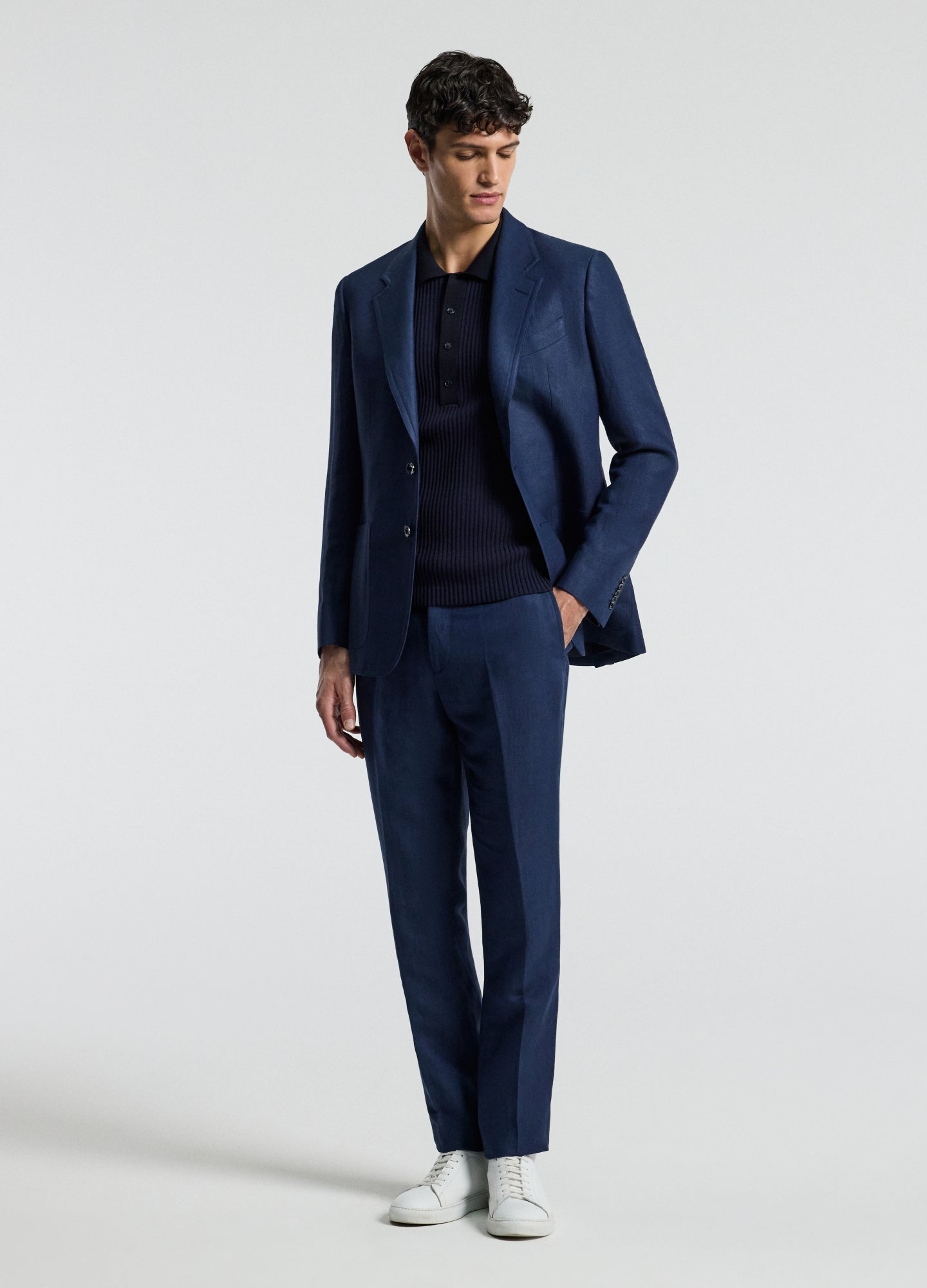 Textured Linen Blend Pants Denim Blue