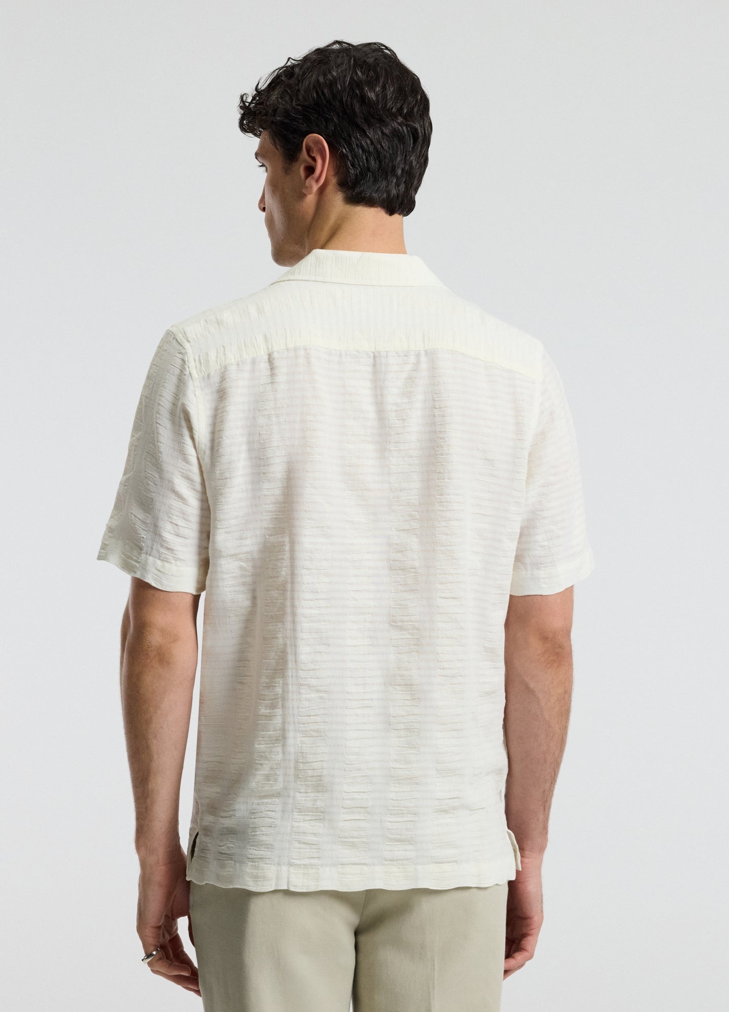 Textured Cotton Linen Short Sleeve Shirt Ivory