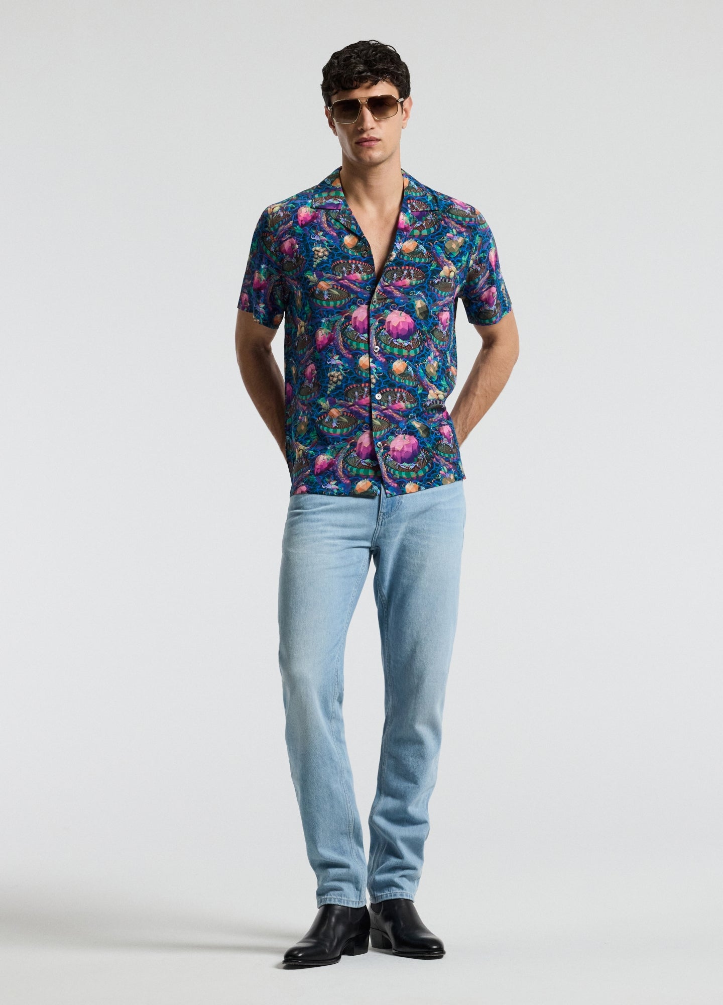 Aquatic Universe Short Sleeve Silk Shirt Aegean Blue