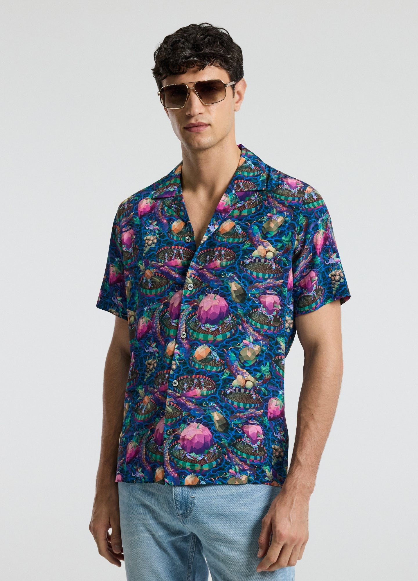 Aquatic Universe Short Sleeve Silk Shirt Aegean Blue