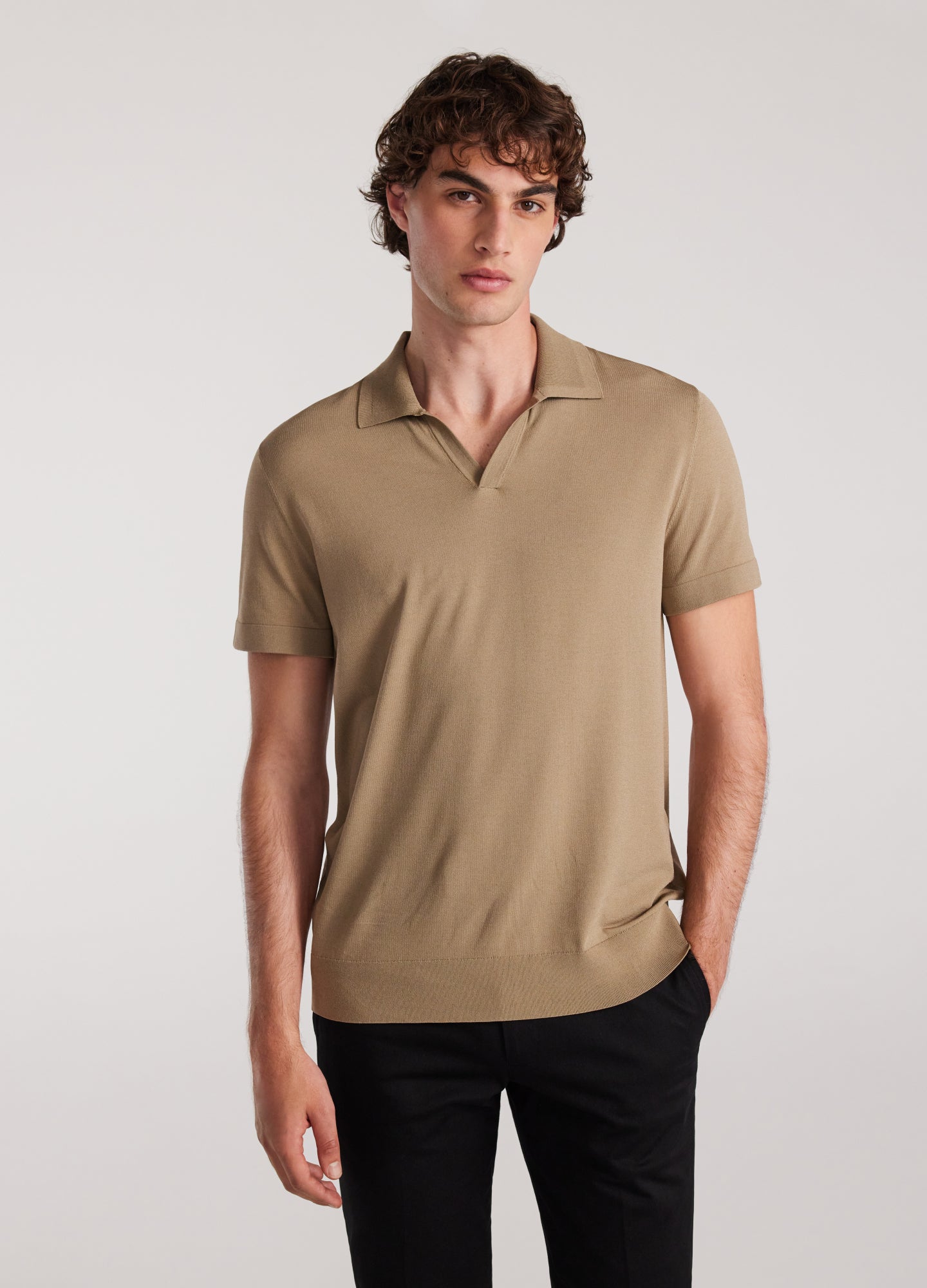 Rib Collar Tech Knit Polo Sand
