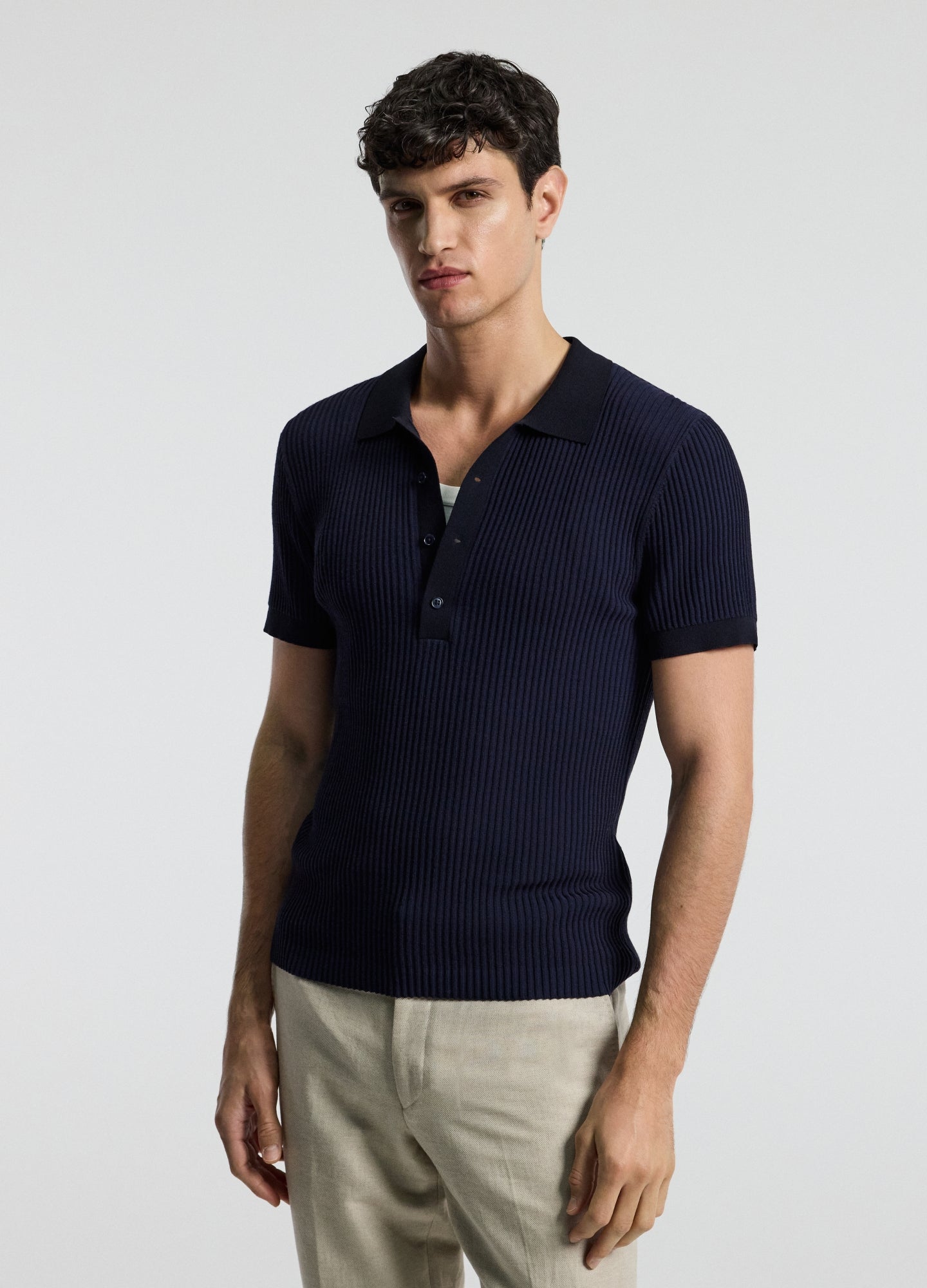 Two Tone Ribbed Polo Navy