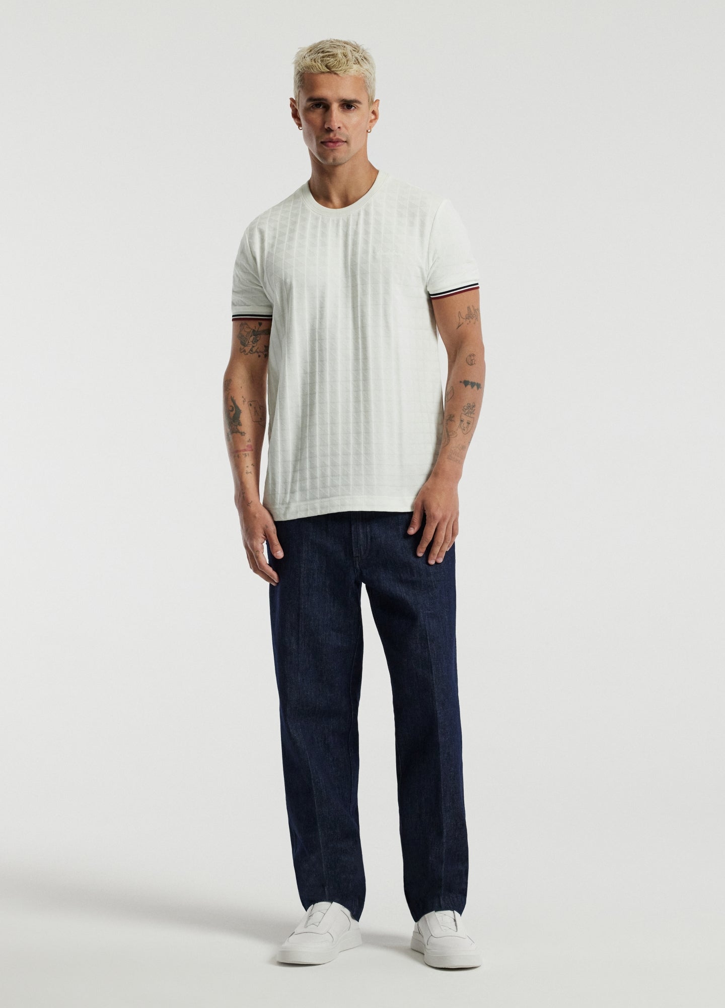 Striped Trim Jacquard T-Shirt White