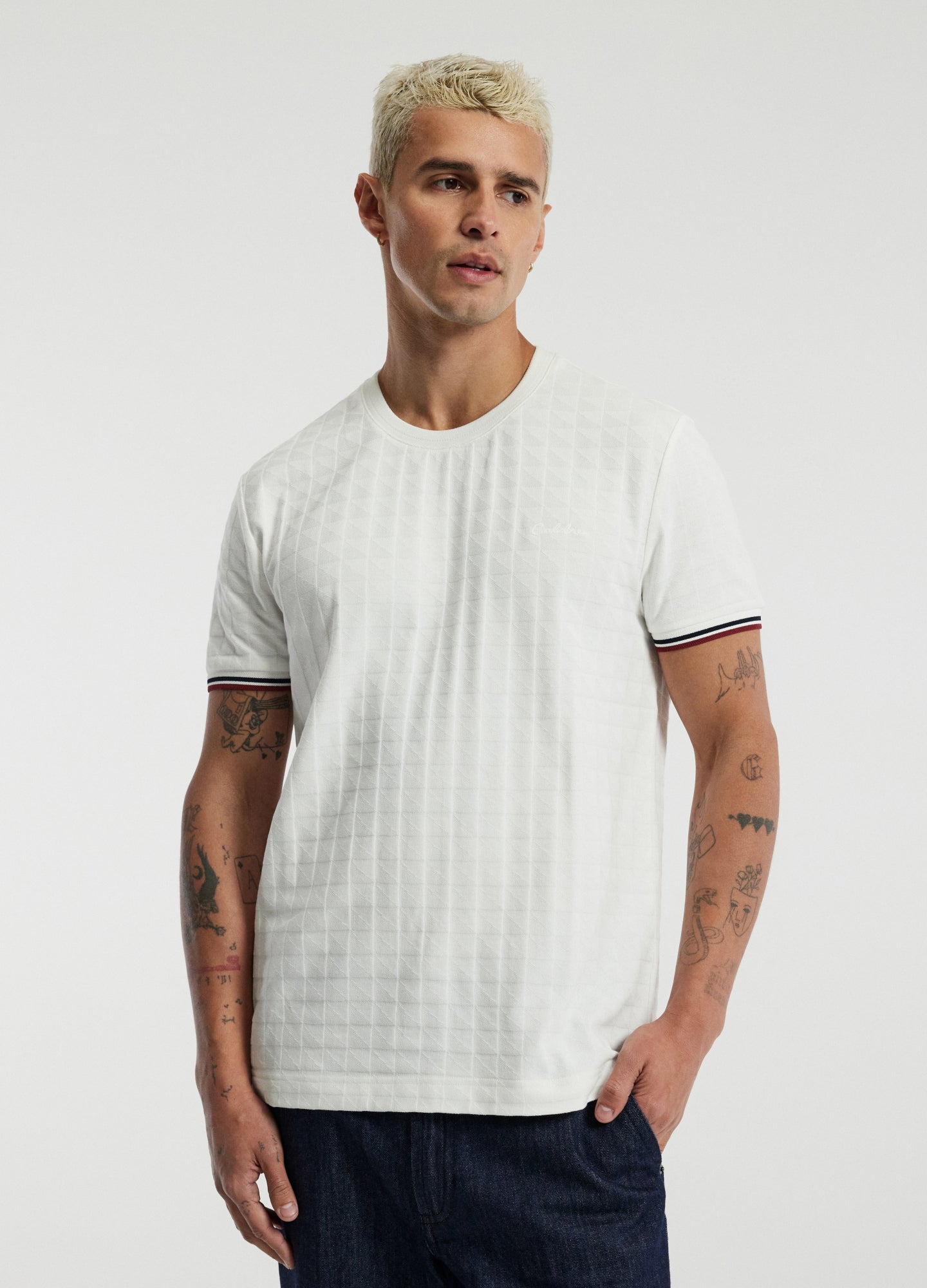 Striped Trim Jacquard T-Shirt White