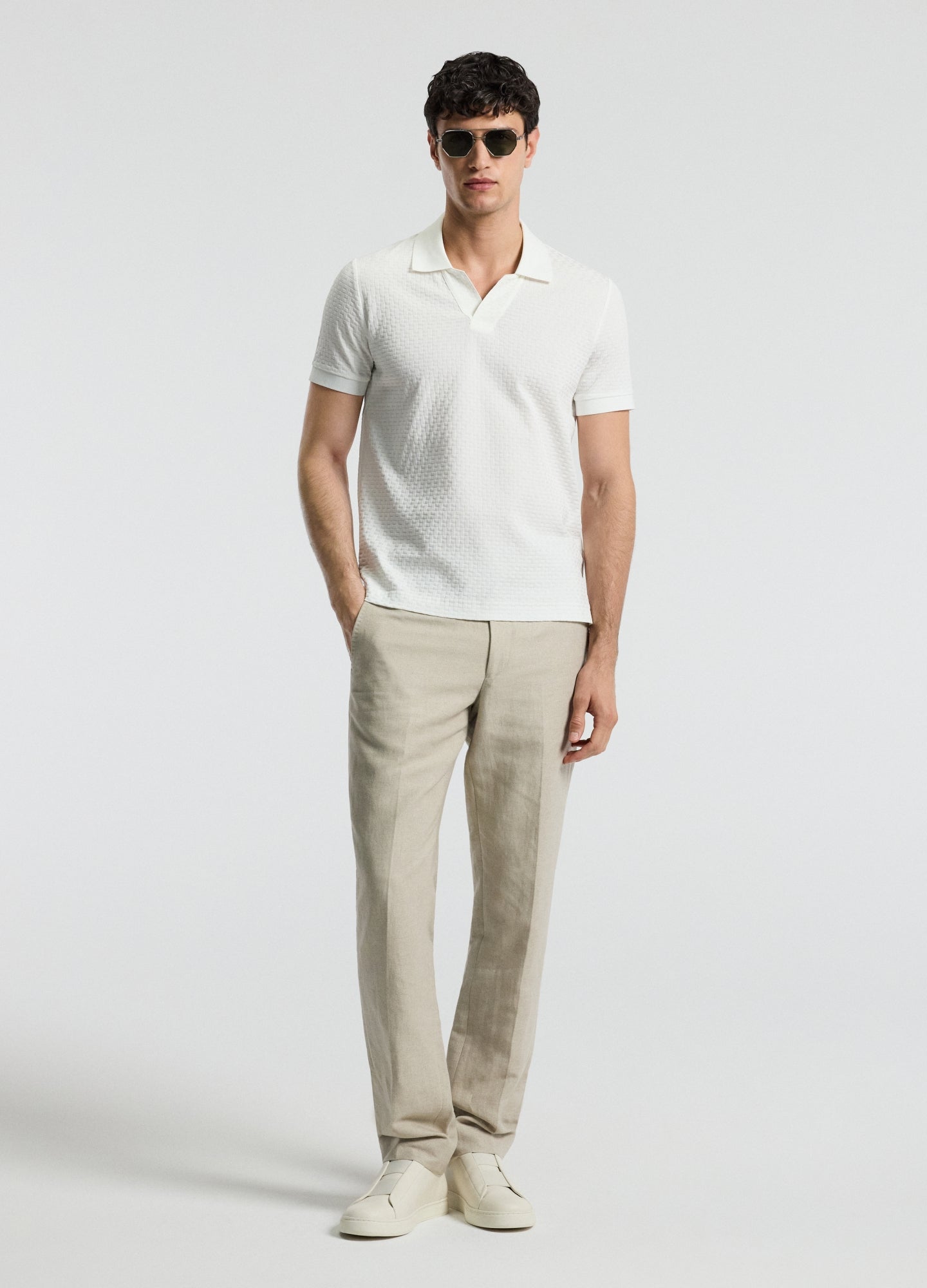 Textured Open Neck Polo Ivory