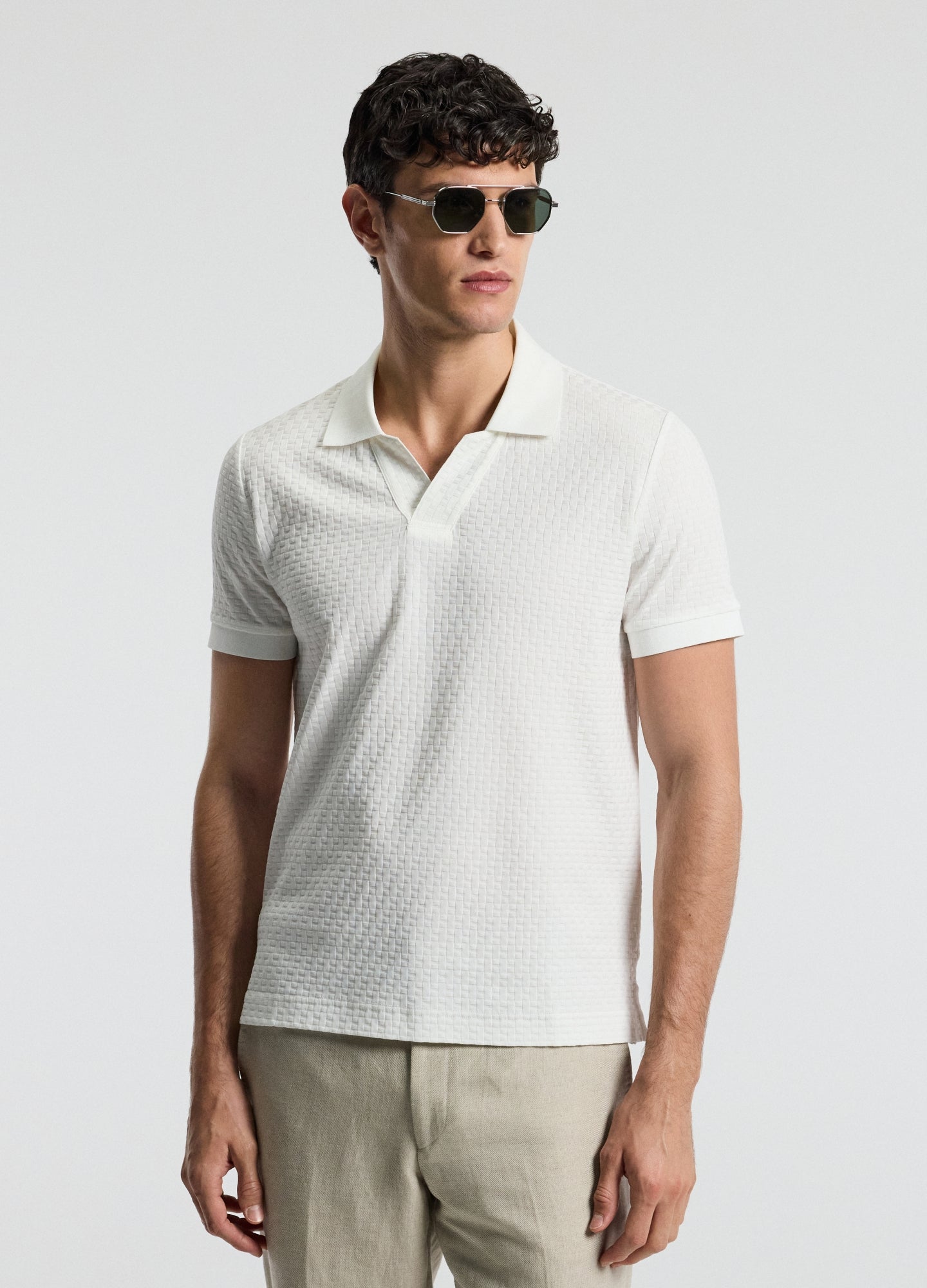 Textured Open Neck Polo Ivory