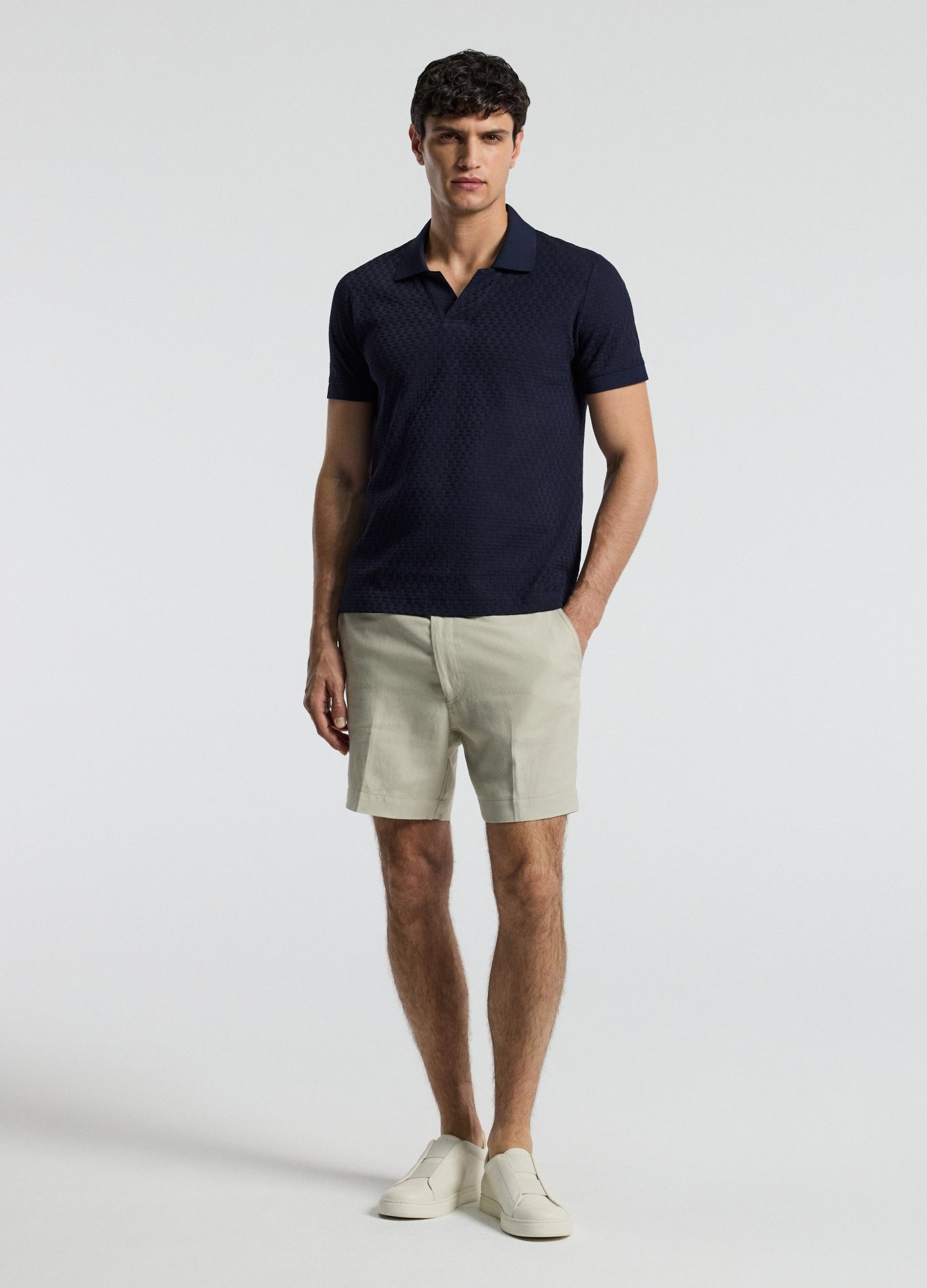 Textured Open Neck Polo Navy