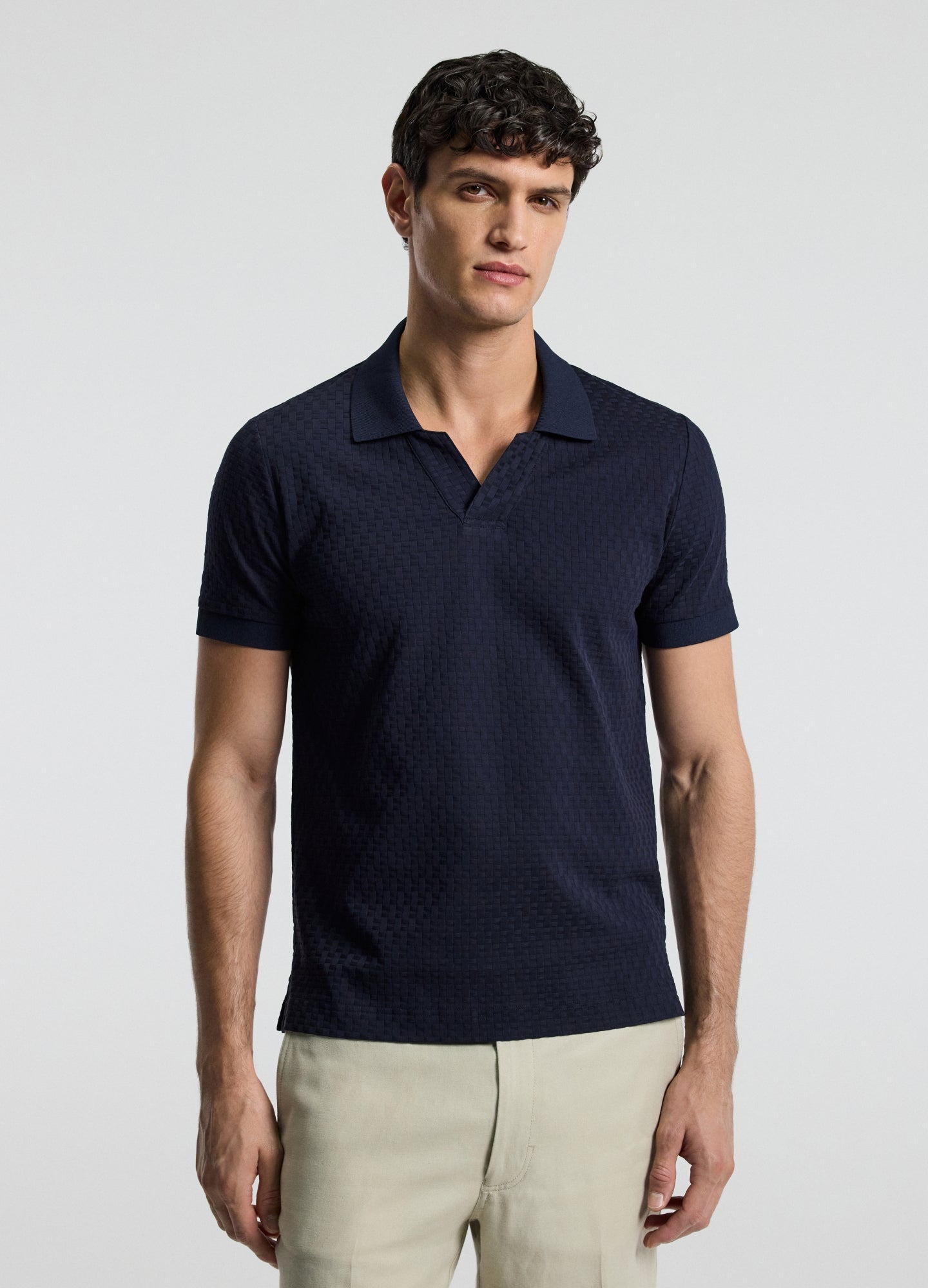 Textured Open Neck Polo Navy