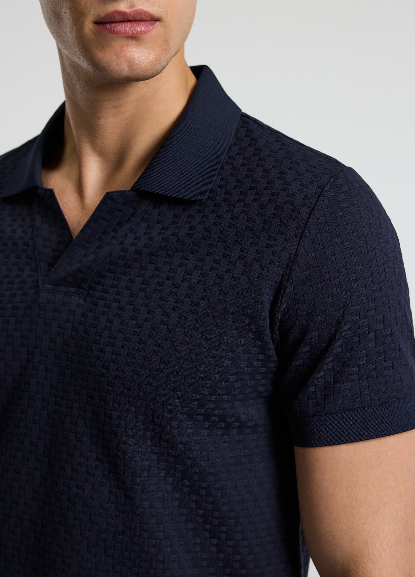 Textured Open Neck Polo Navy