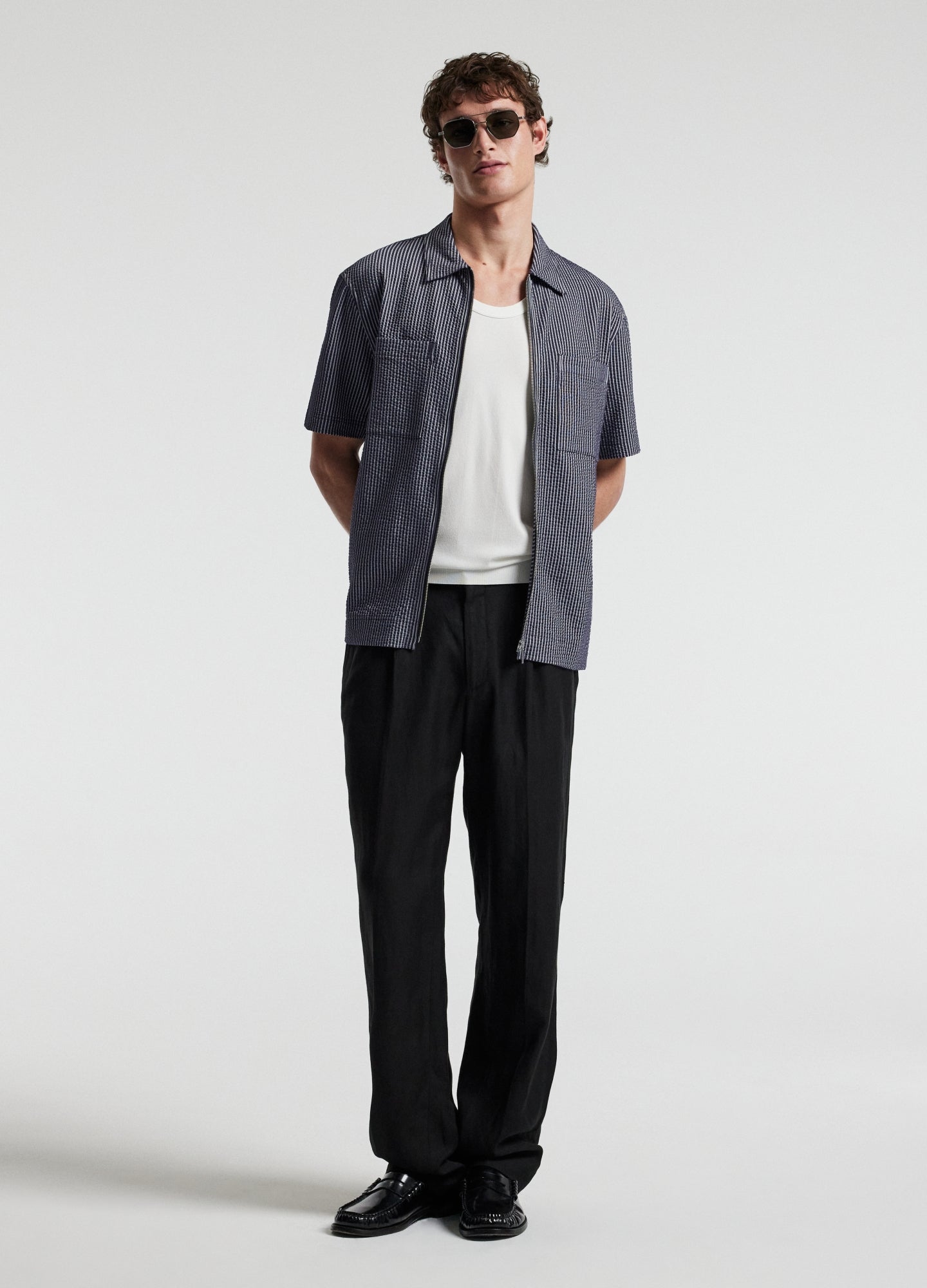 Stripe Zip Through Shirt Navy