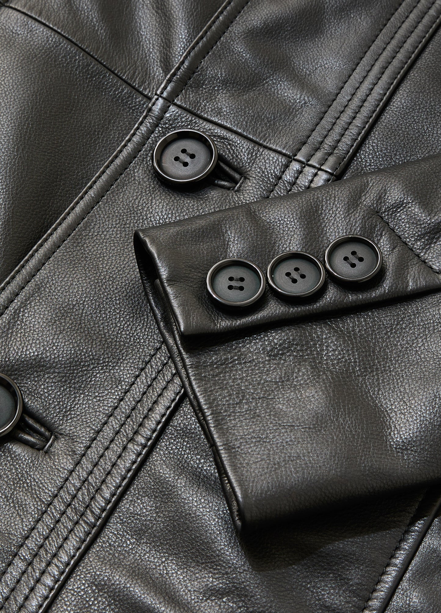 Funnel Neck Leather Coat Black
