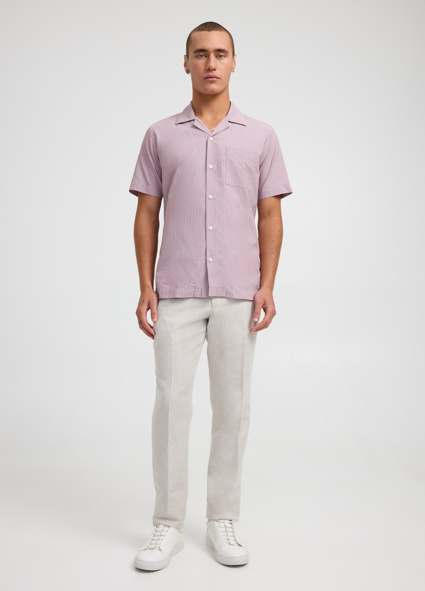 Tech Cotton Seersucker Short Sleeve Shirt Mauve Dusk