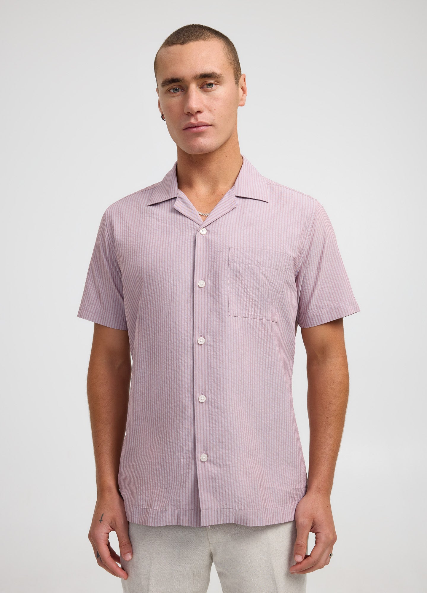 Tech Cotton Seersucker Short Sleeve Shirt Mauve Dusk