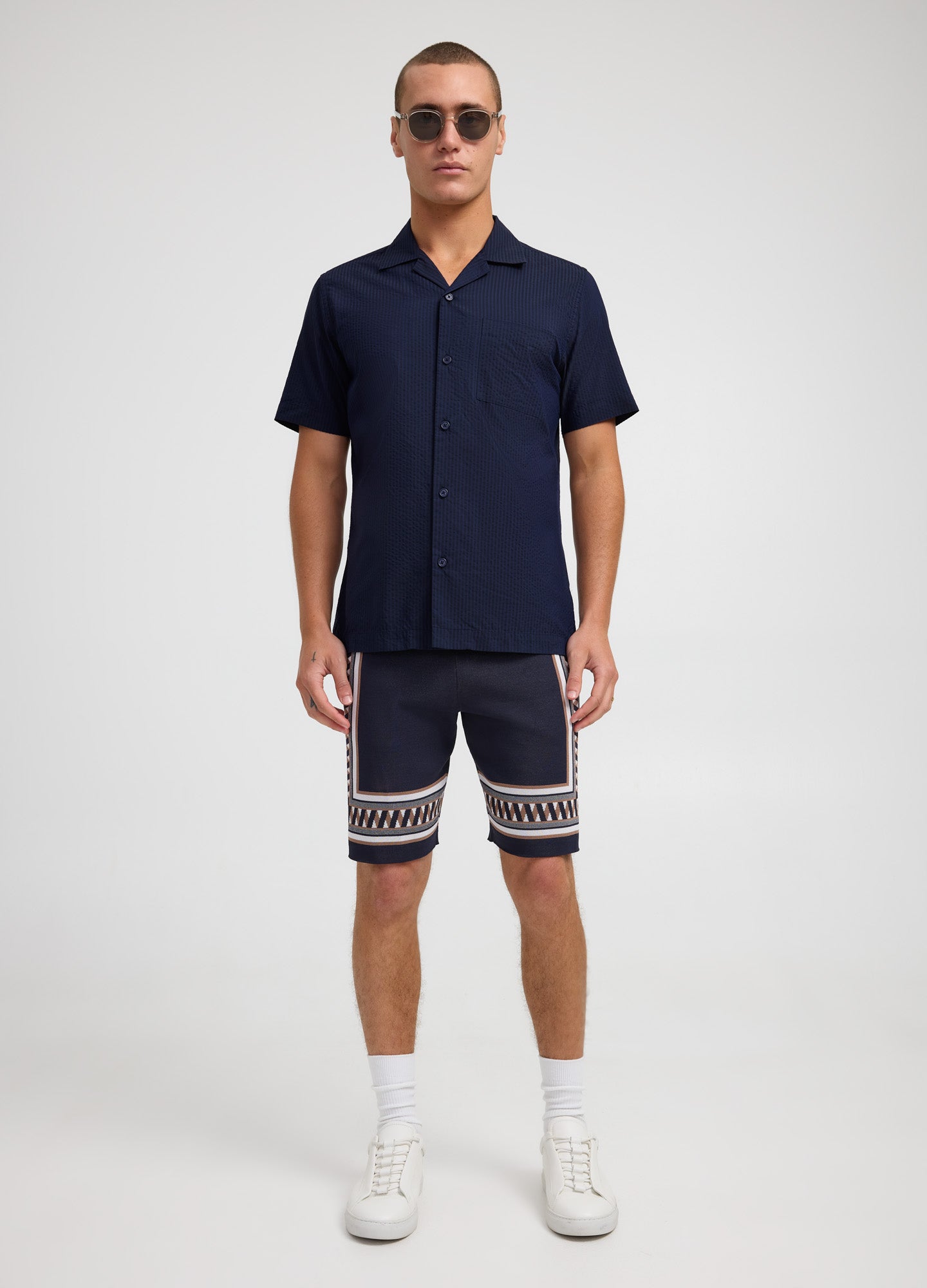 Tech Cotton Seersucker Short Sleeve Shirt Navy