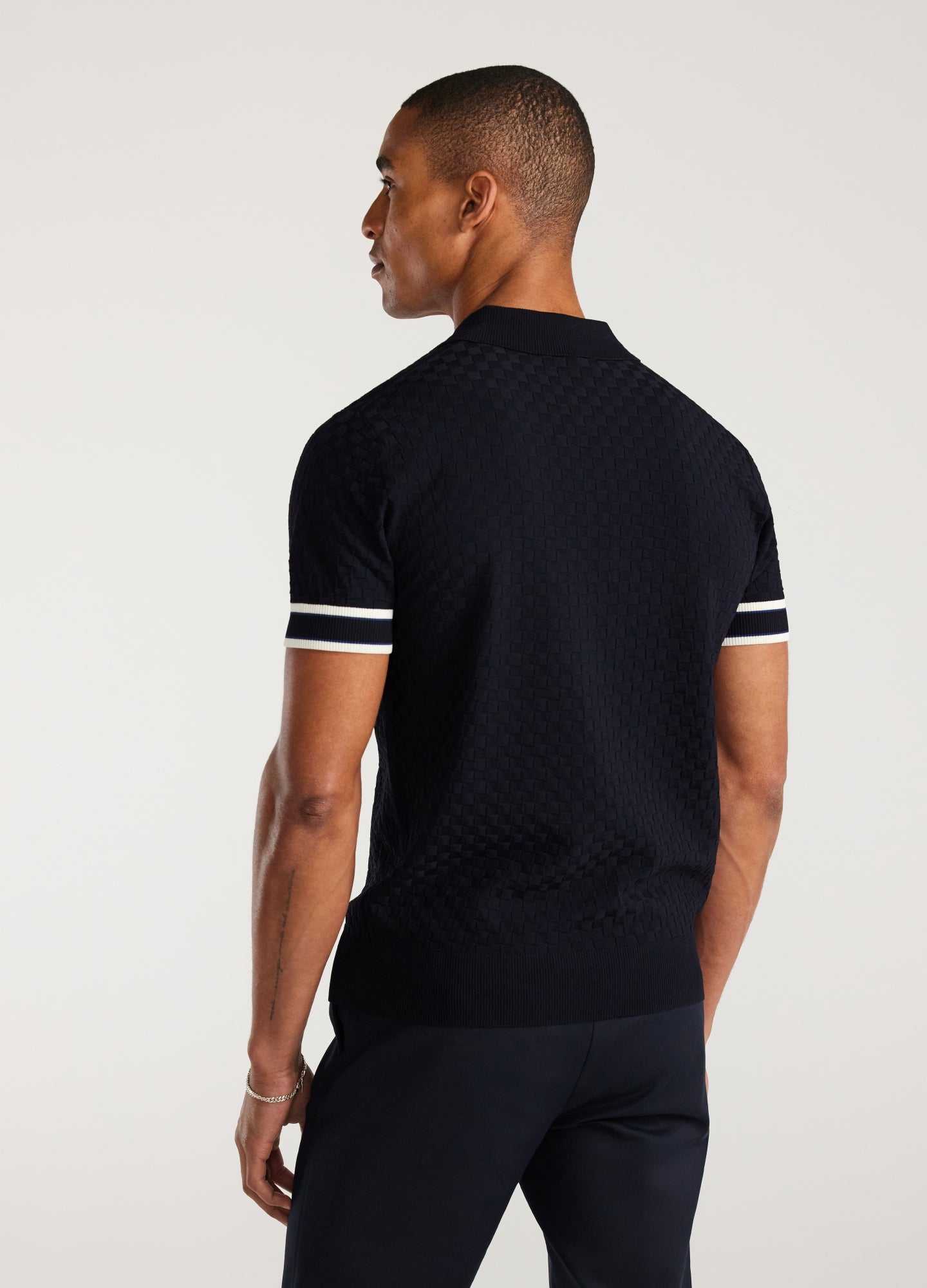 Striped Cuff Texture Knit Polo Navy