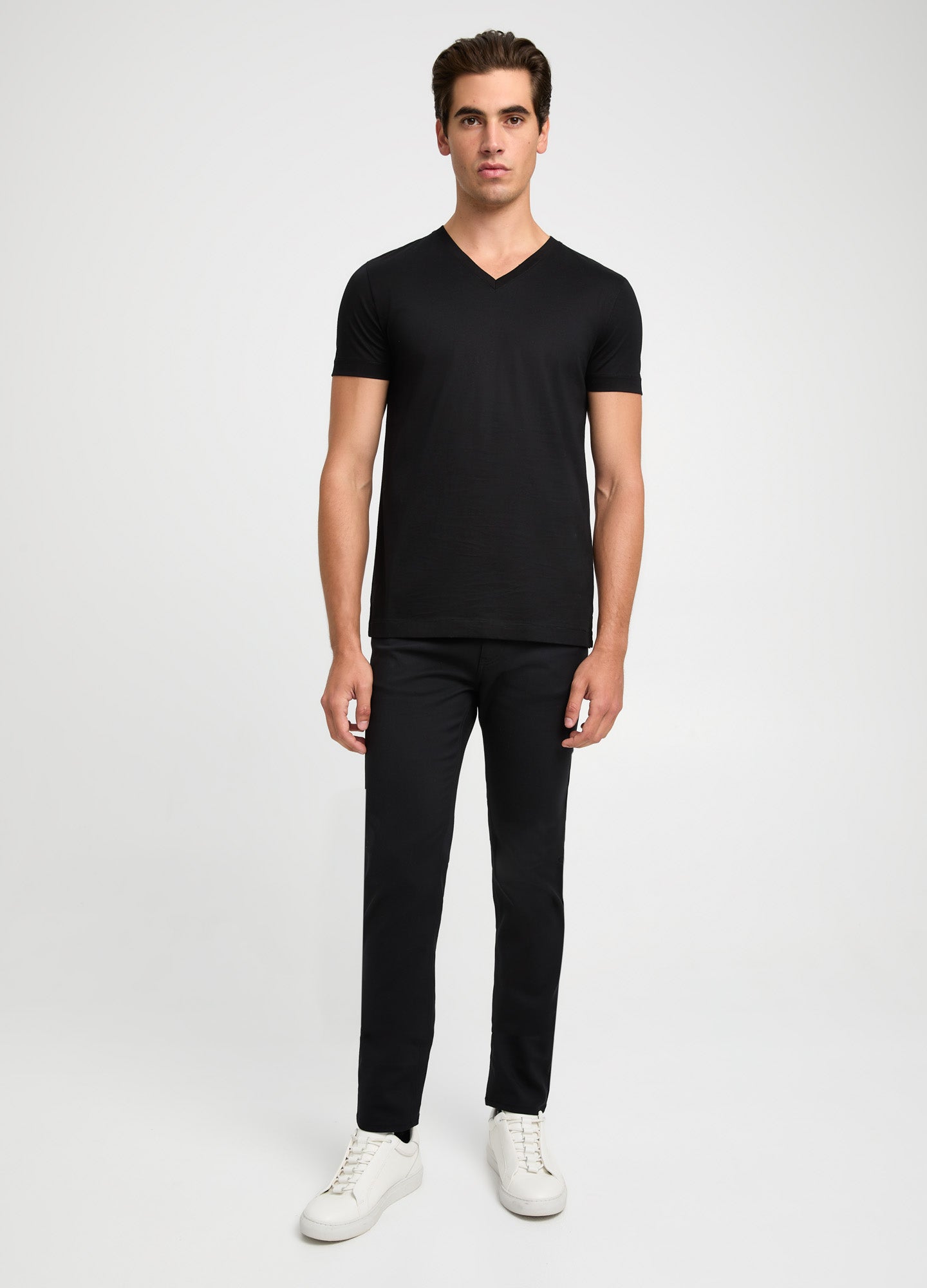 Mercerised Cotton Jersey V Neck T-shirt Black