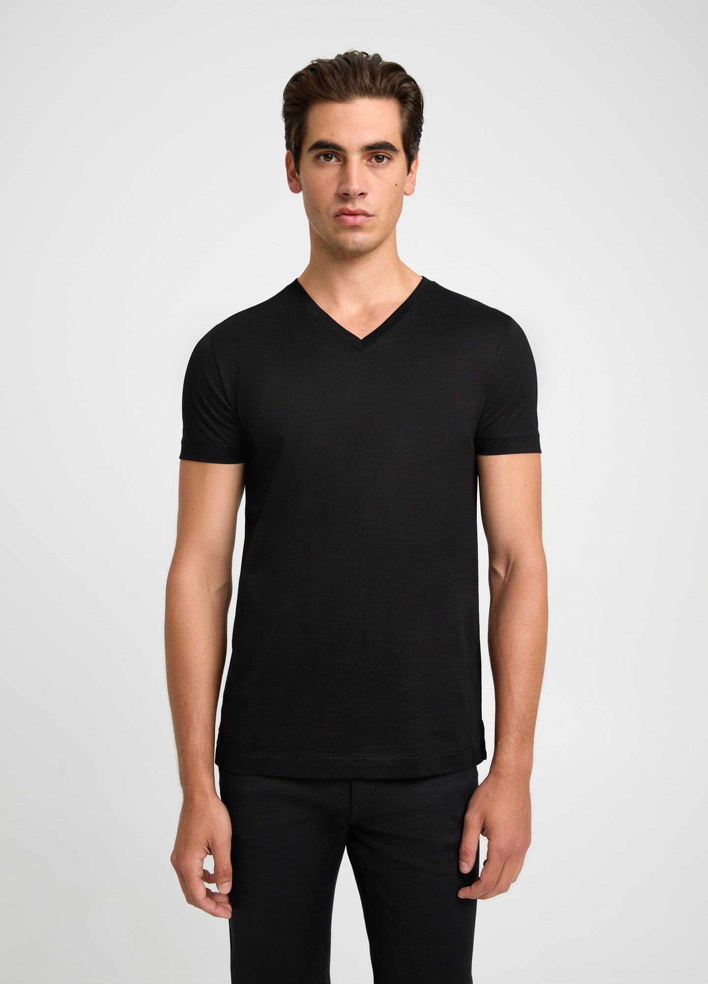 Mercerised Cotton Jersey V Neck T-shirt Black