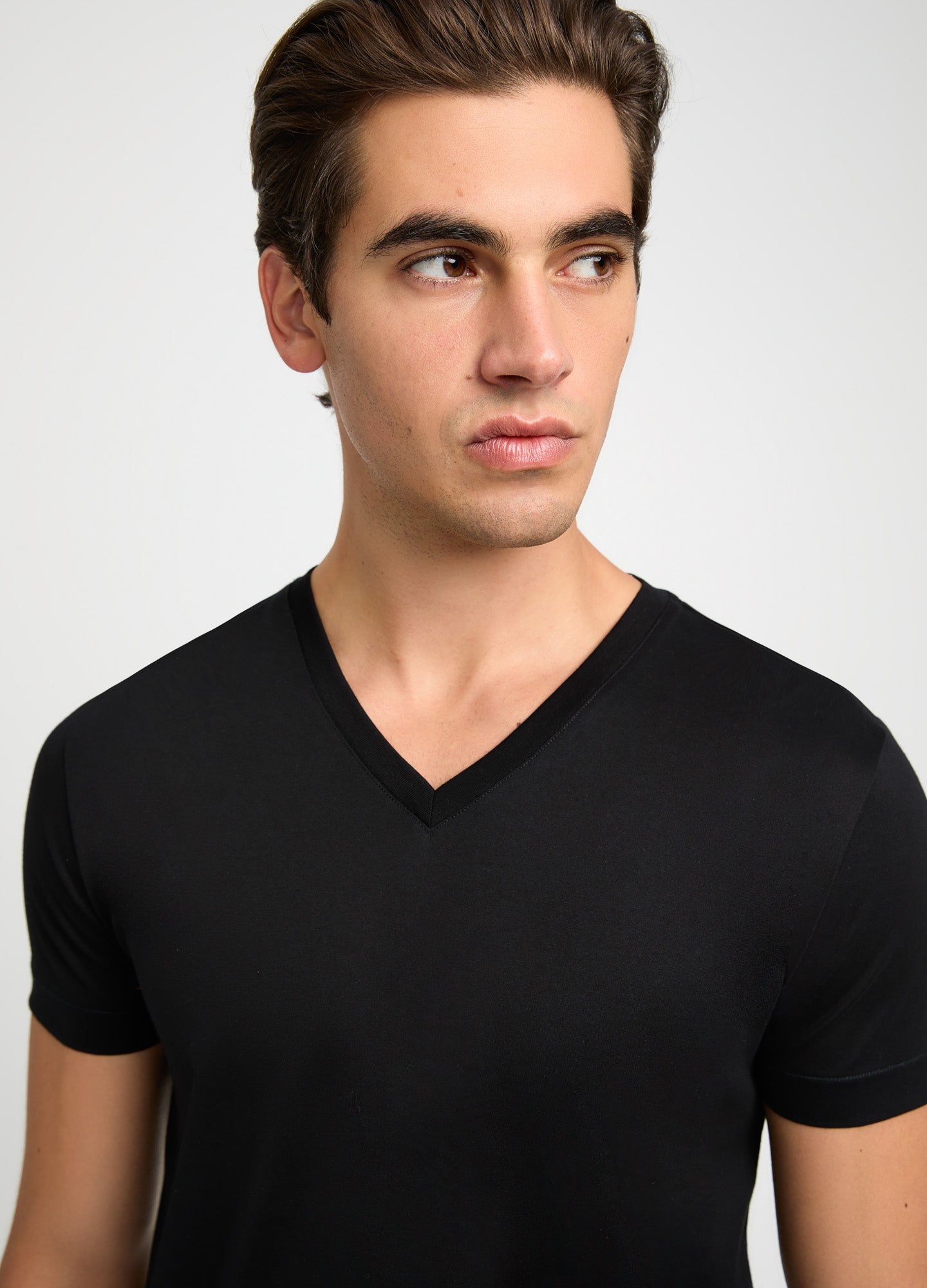 Mercerised Cotton Jersey V Neck T-shirt Black