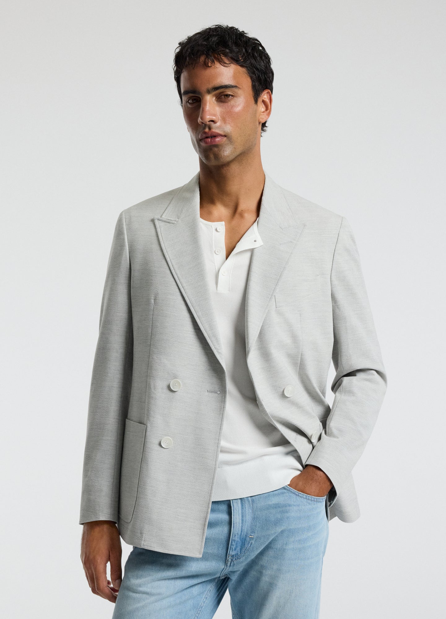 Tech Seersucker Double Breasted Blazer Silver