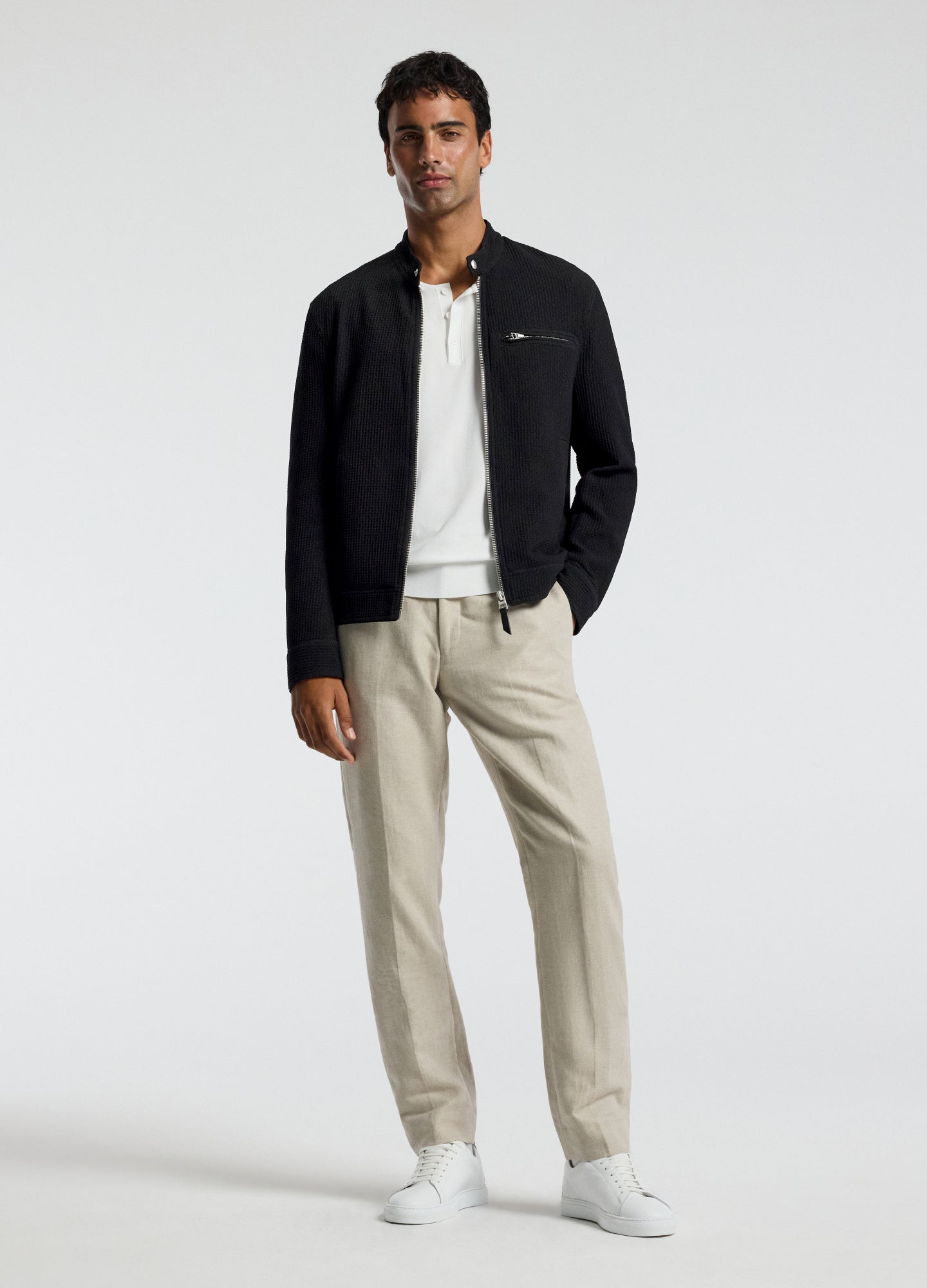 Band Neck Zip Up Jacket Black