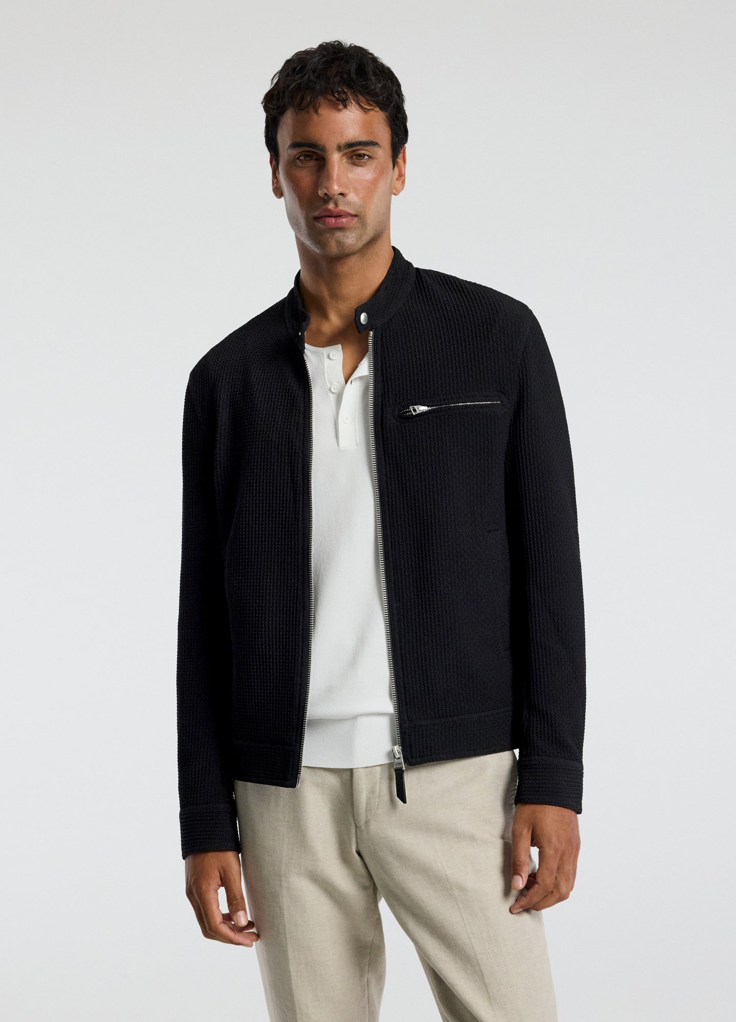 Band Neck Zip Up Jacket Black