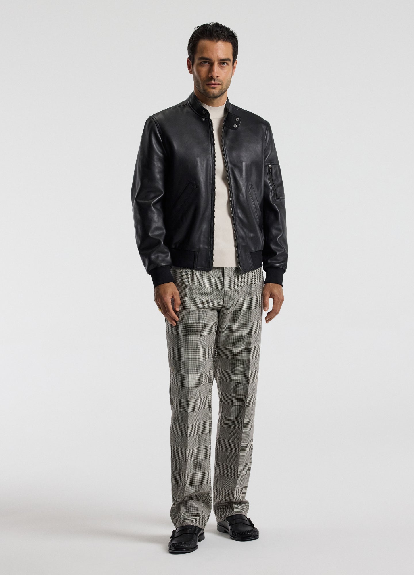 Stand Collar Leather Bomber Jacket Black