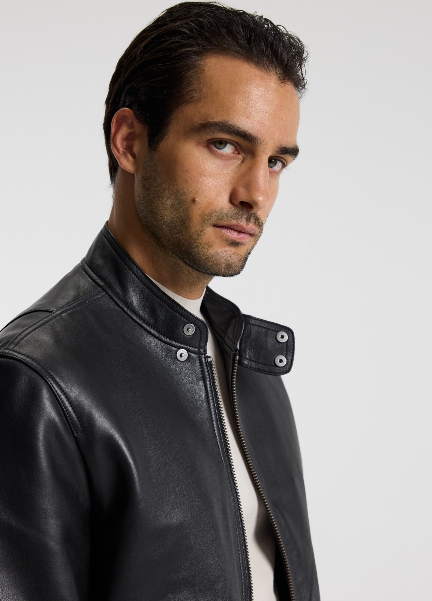 Stand Collar Leather Bomber Jacket Black