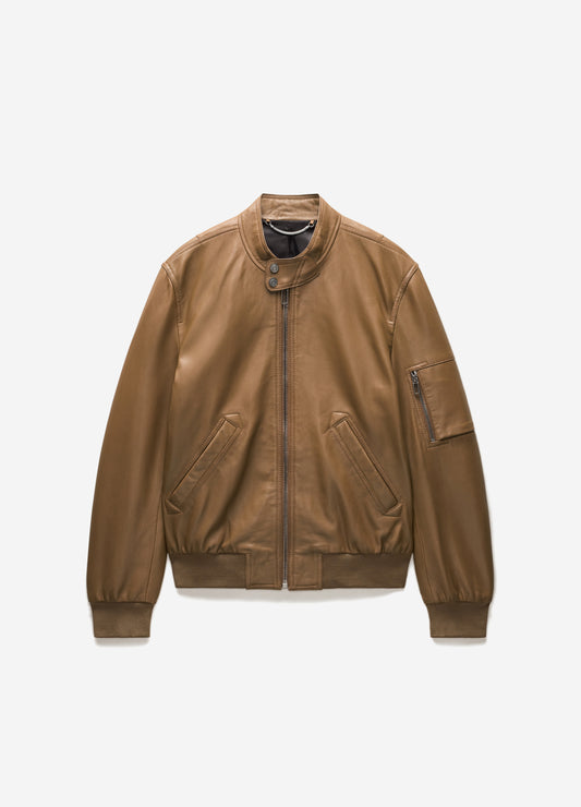 Stand Collar Leather Bomber Jacket Camel