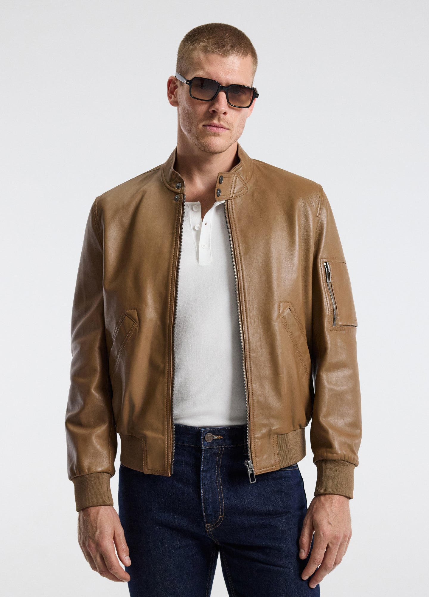 Stand Collar Leather Bomber Jacket Camel