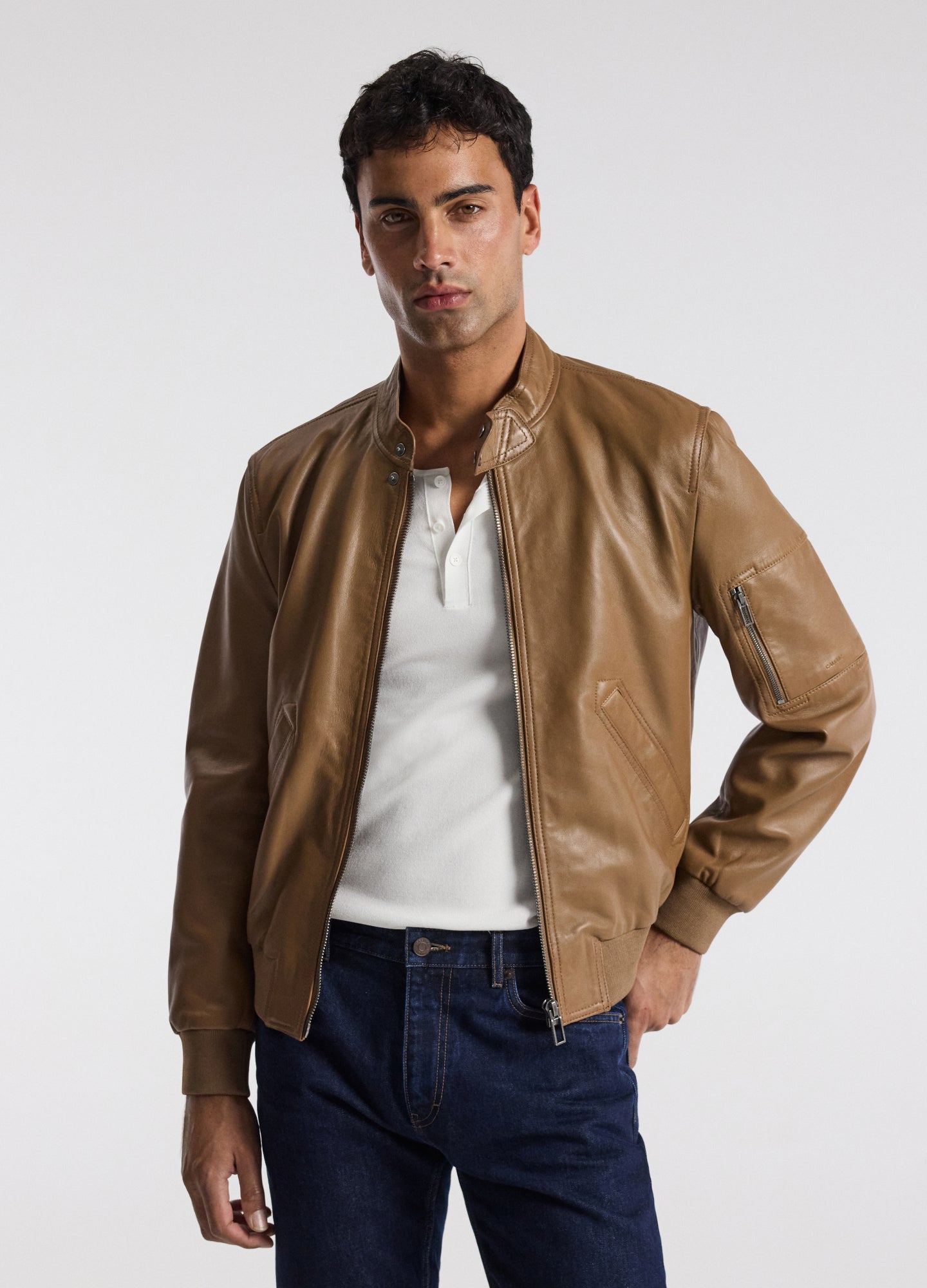 Stand Collar Leather Bomber Jacket Camel