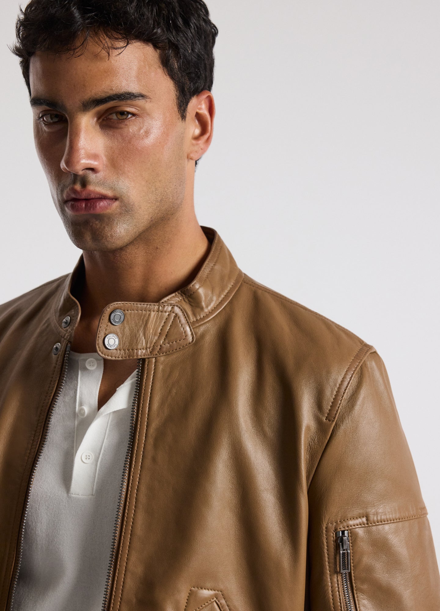 Stand Collar Leather Bomber Jacket Camel