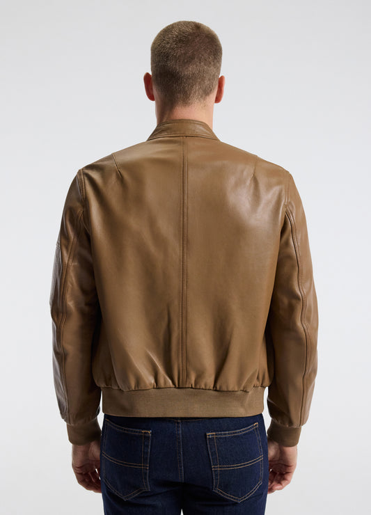 Stand Collar Leather Bomber Jacket Camel