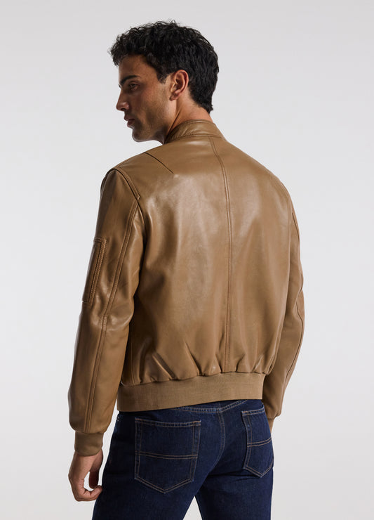 Stand Collar Leather Bomber Jacket Camel