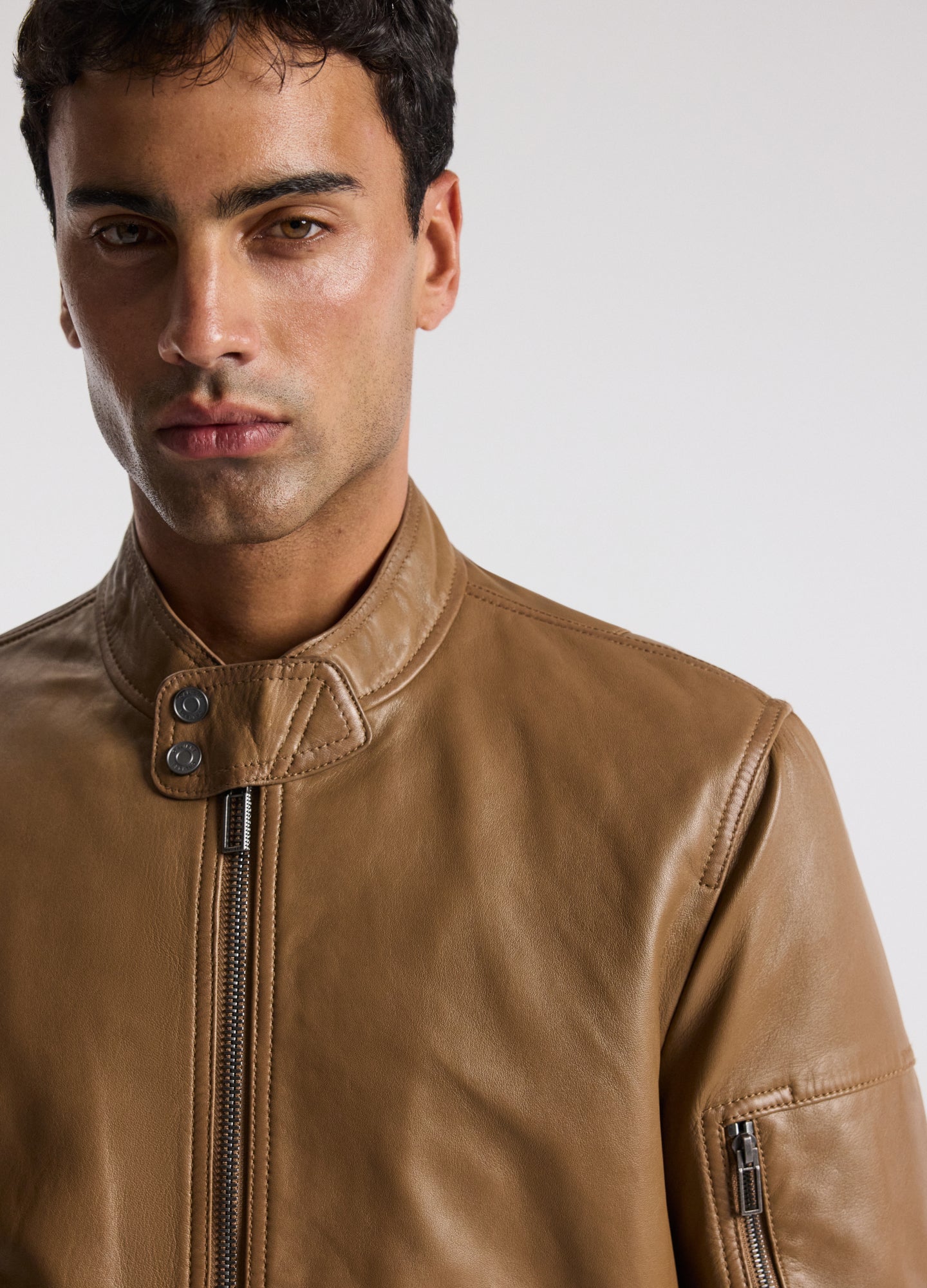 Stand Collar Leather Bomber Jacket Camel
