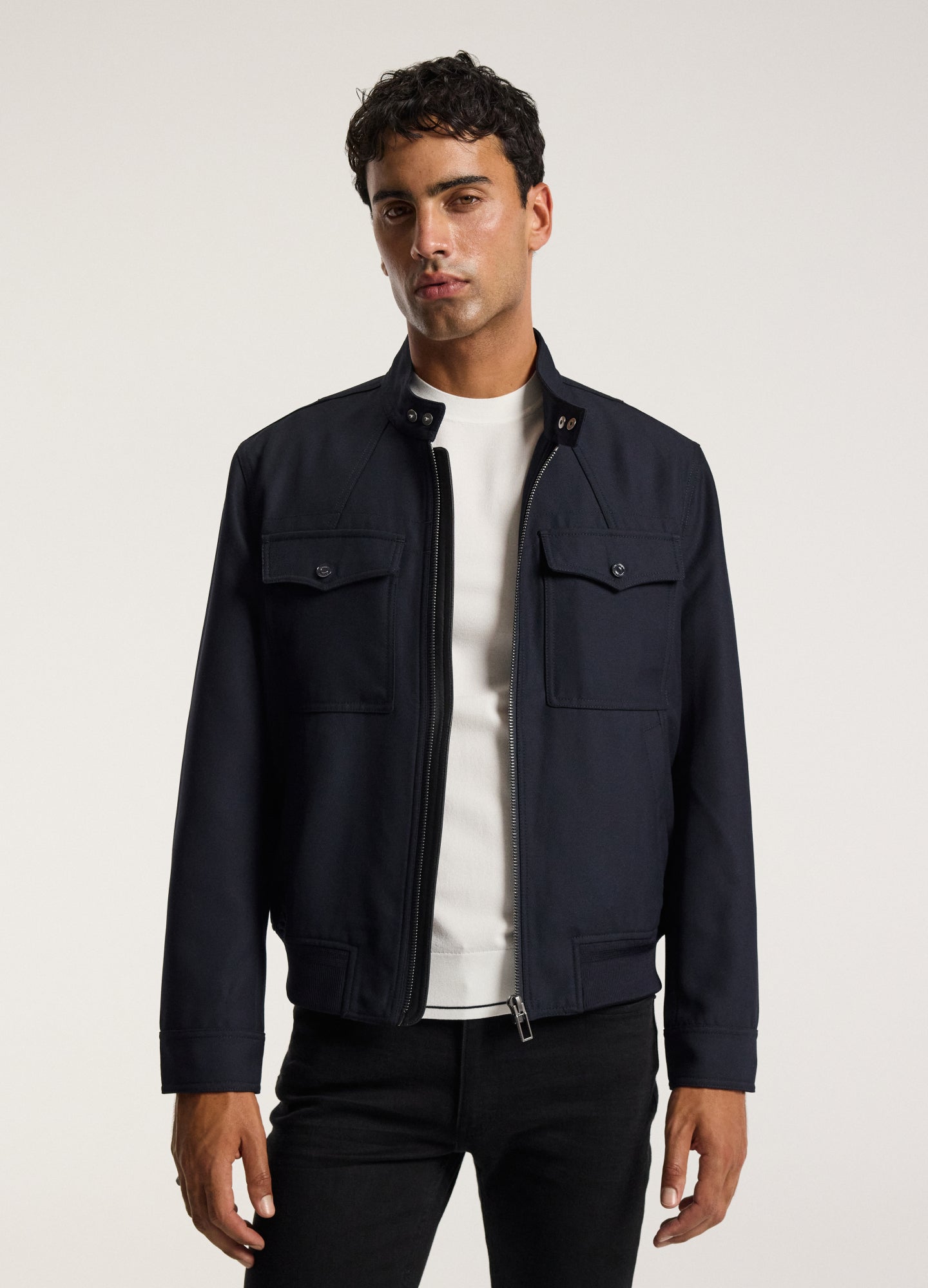 Stand Collar Wool Bomber Jacket Navy