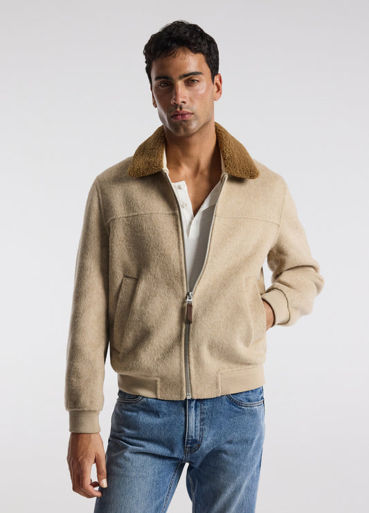 Sherpa Collar Wool Bomber Jacket Neutral