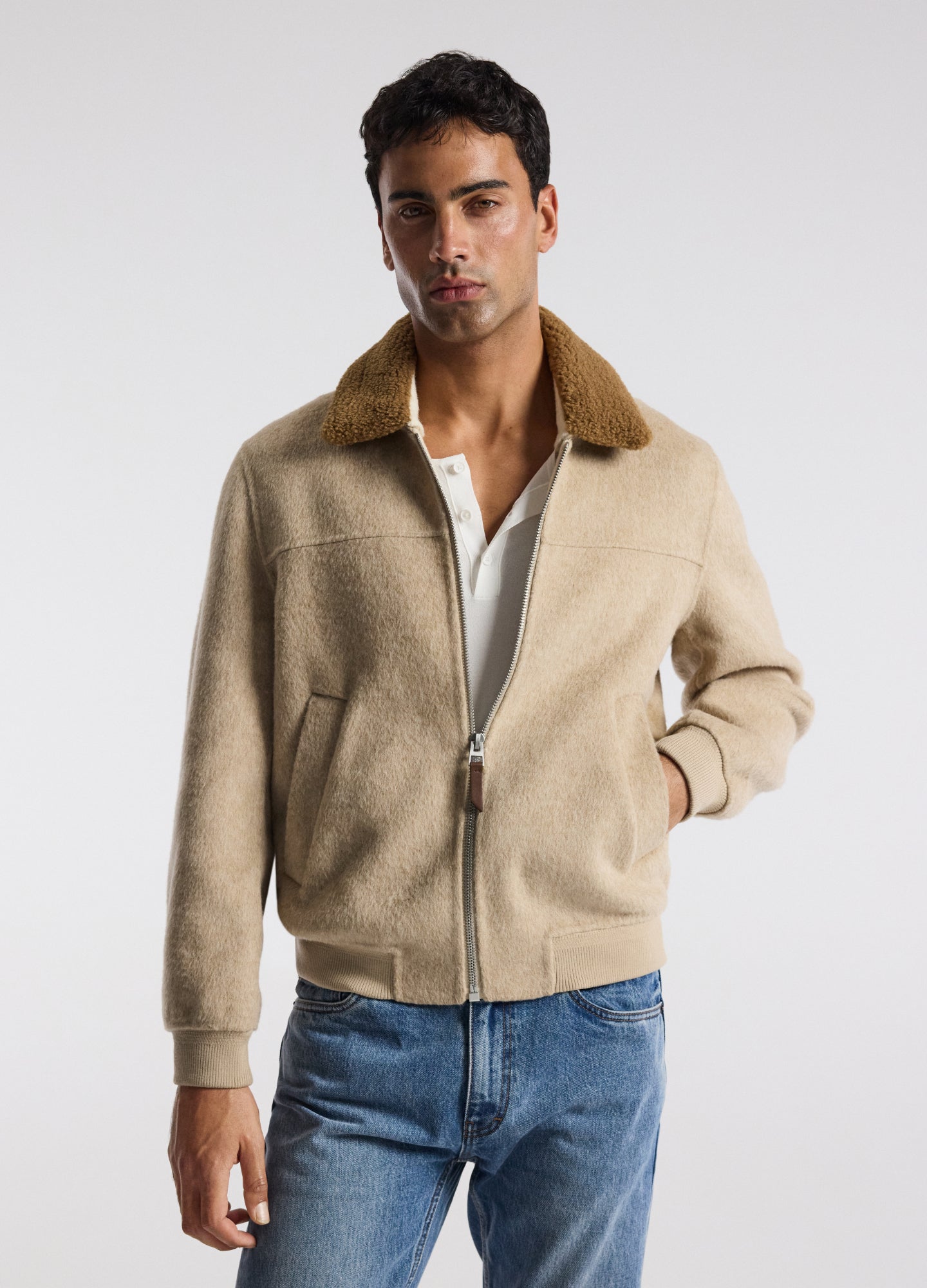 Sherpa Collar Wool Bomber Jacket Neutral