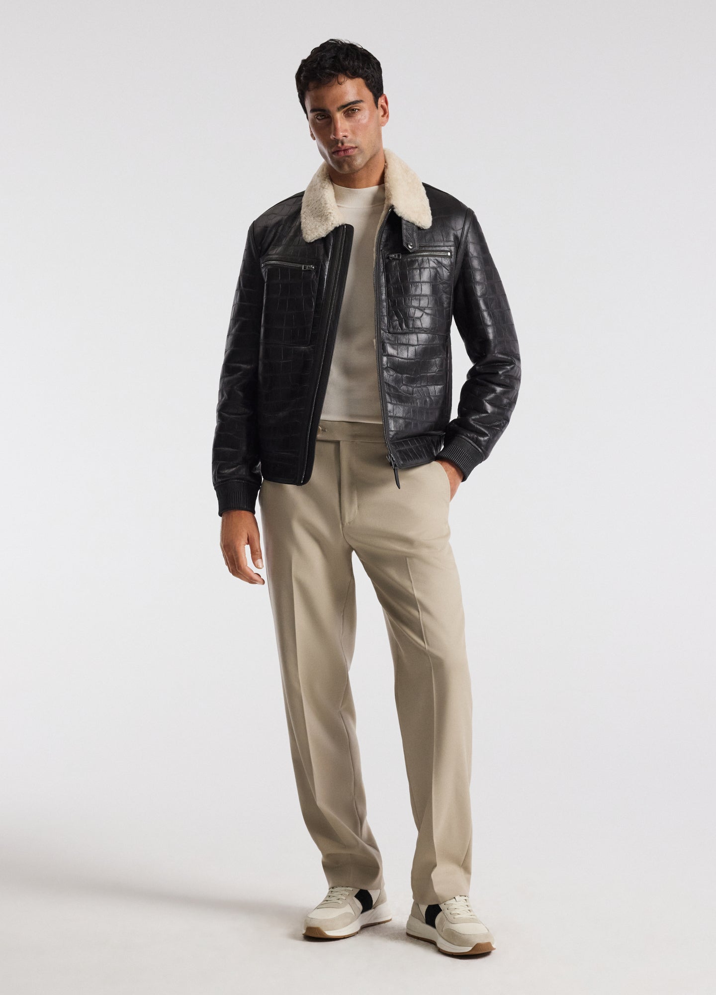 Croc Embossed Leather Shearling Jacket Chocolate