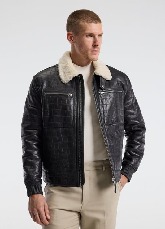 Croc Embossed Leather Shearling Jacket Chocolate