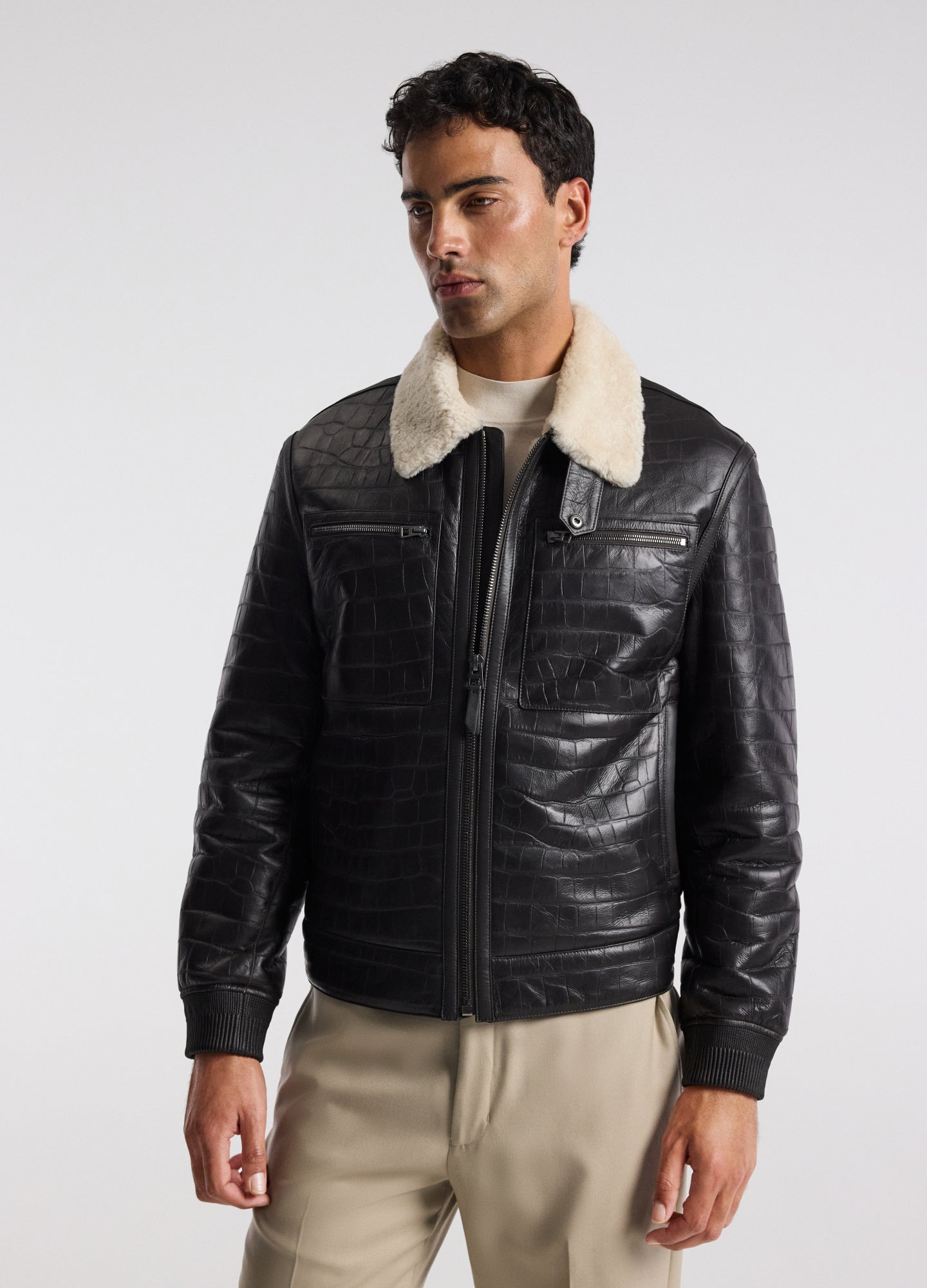 Croc Embossed Leather Shearling Jacket Chocolate