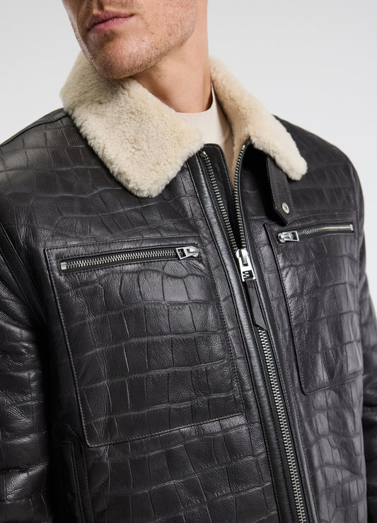Croc Embossed Leather Shearling Jacket Chocolate