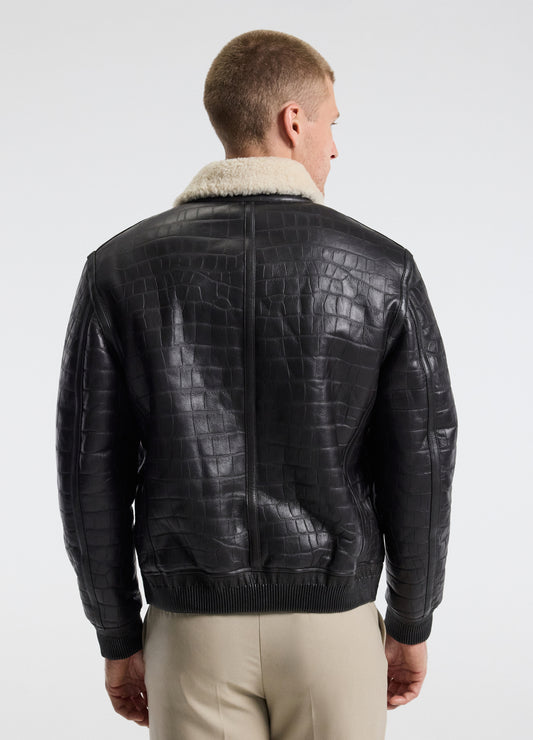 Croc Embossed Leather Shearling Jacket Chocolate