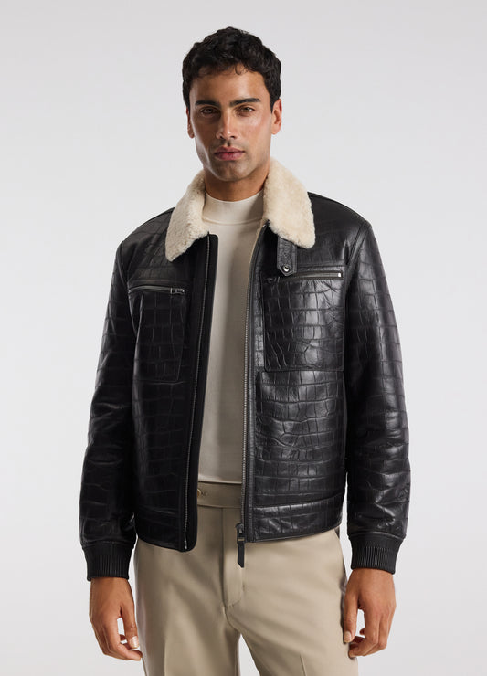 Croc Embossed Leather Shearling Jacket Chocolate