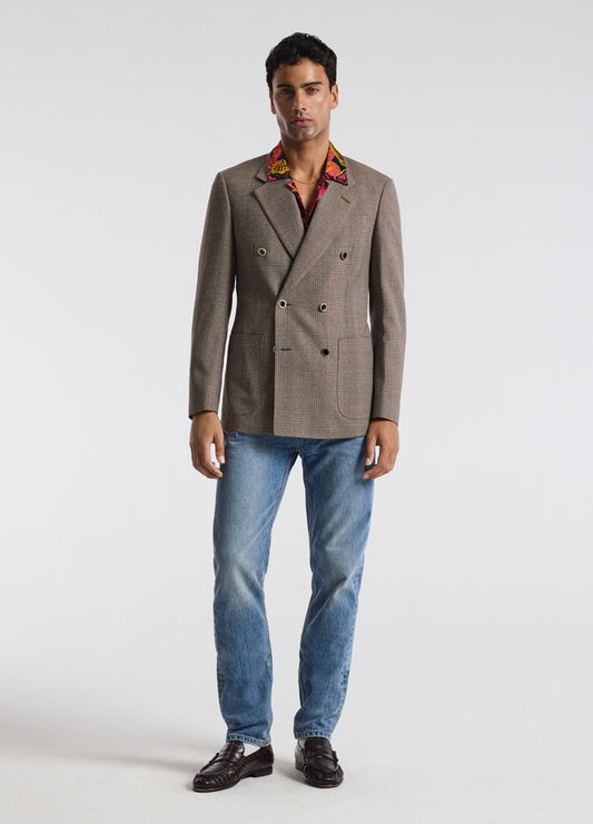 Double-Breasted Glen Check Wool Blazer Mahogany