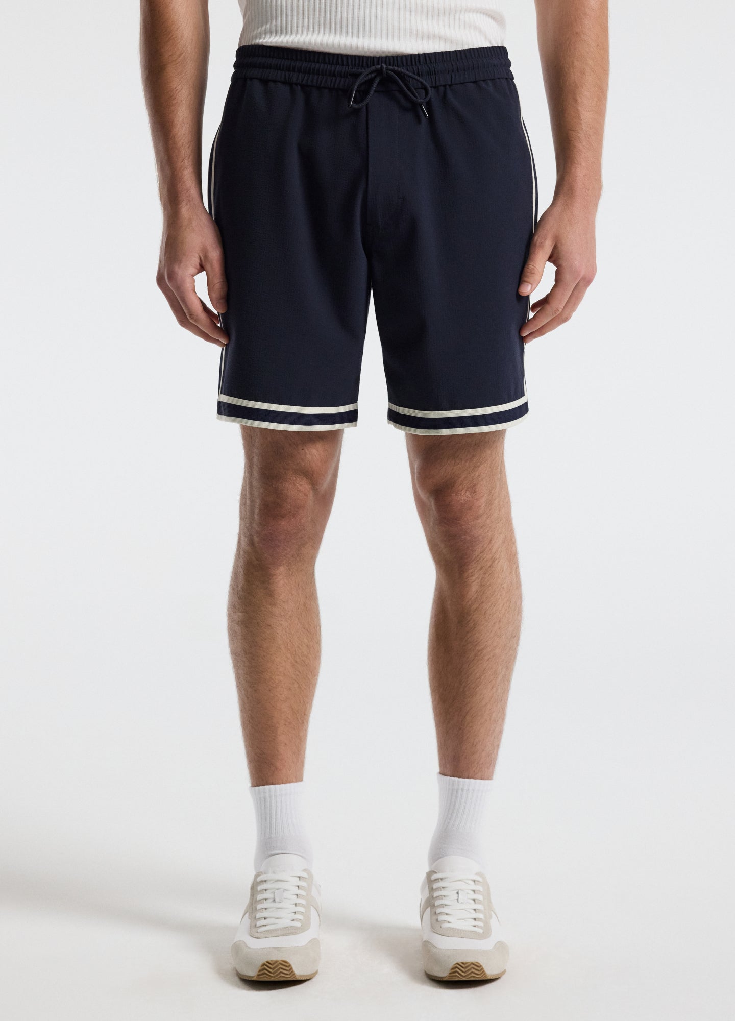 Stripe Trim Textured Shorts Navy