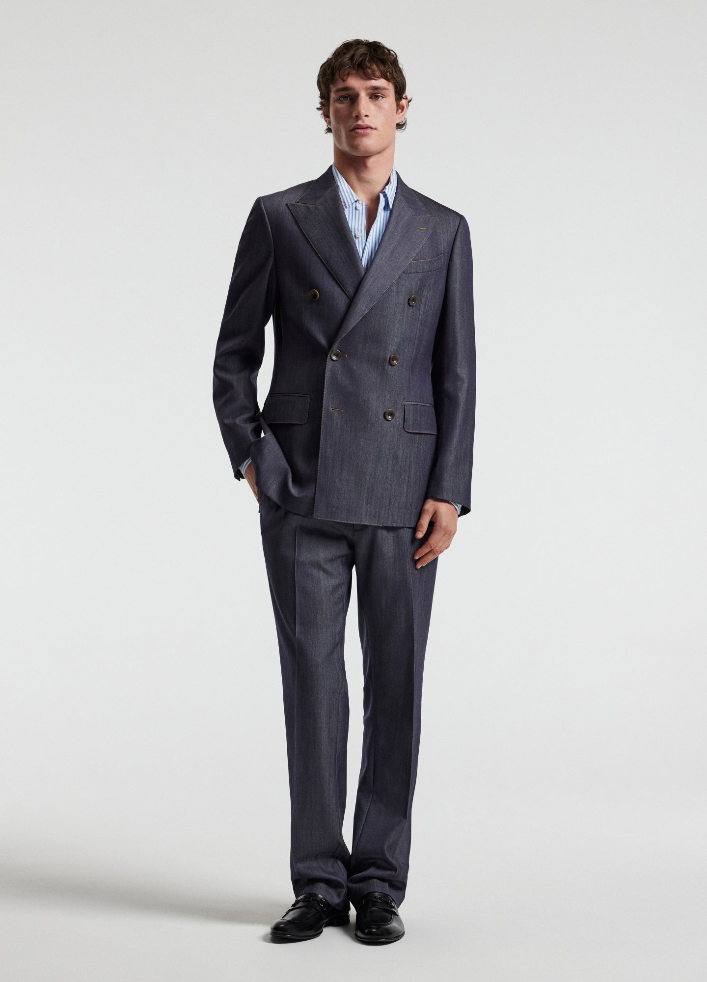 Wool Denim Double-Breasted Suit Jacket Navy