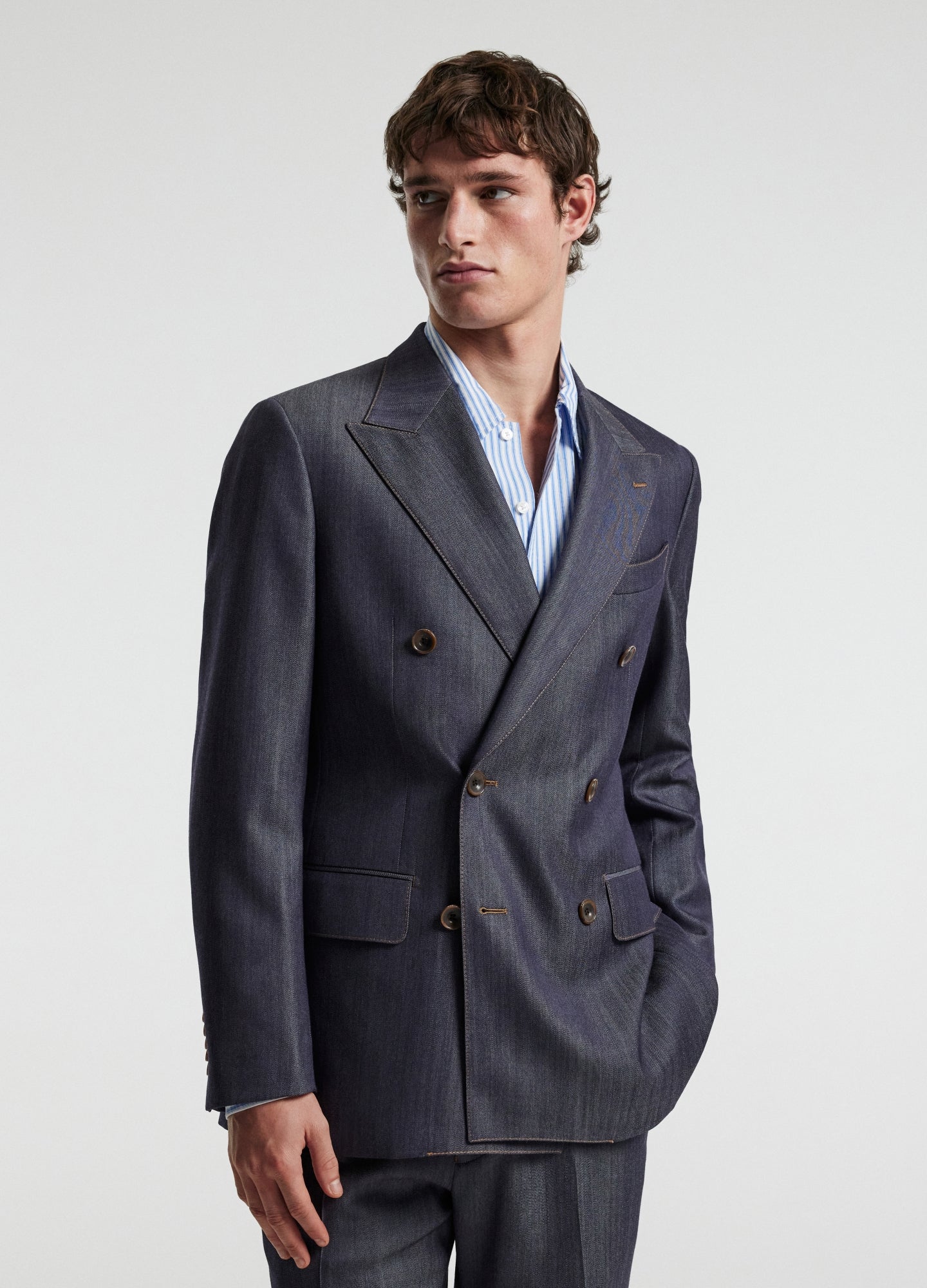 Wool Denim Double-Breasted Suit Jacket Navy