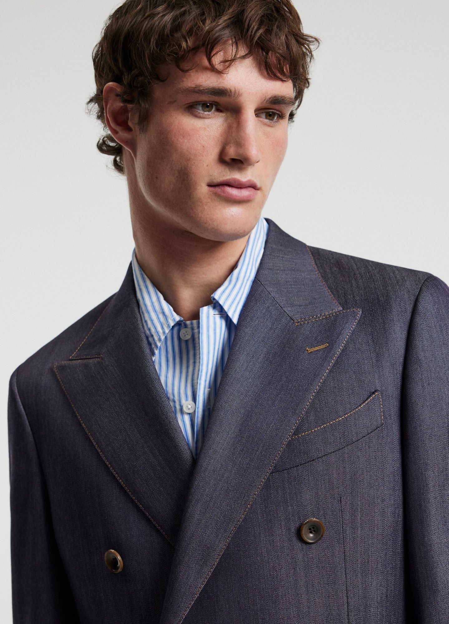 Wool Denim Double-Breasted Suit Jacket Navy